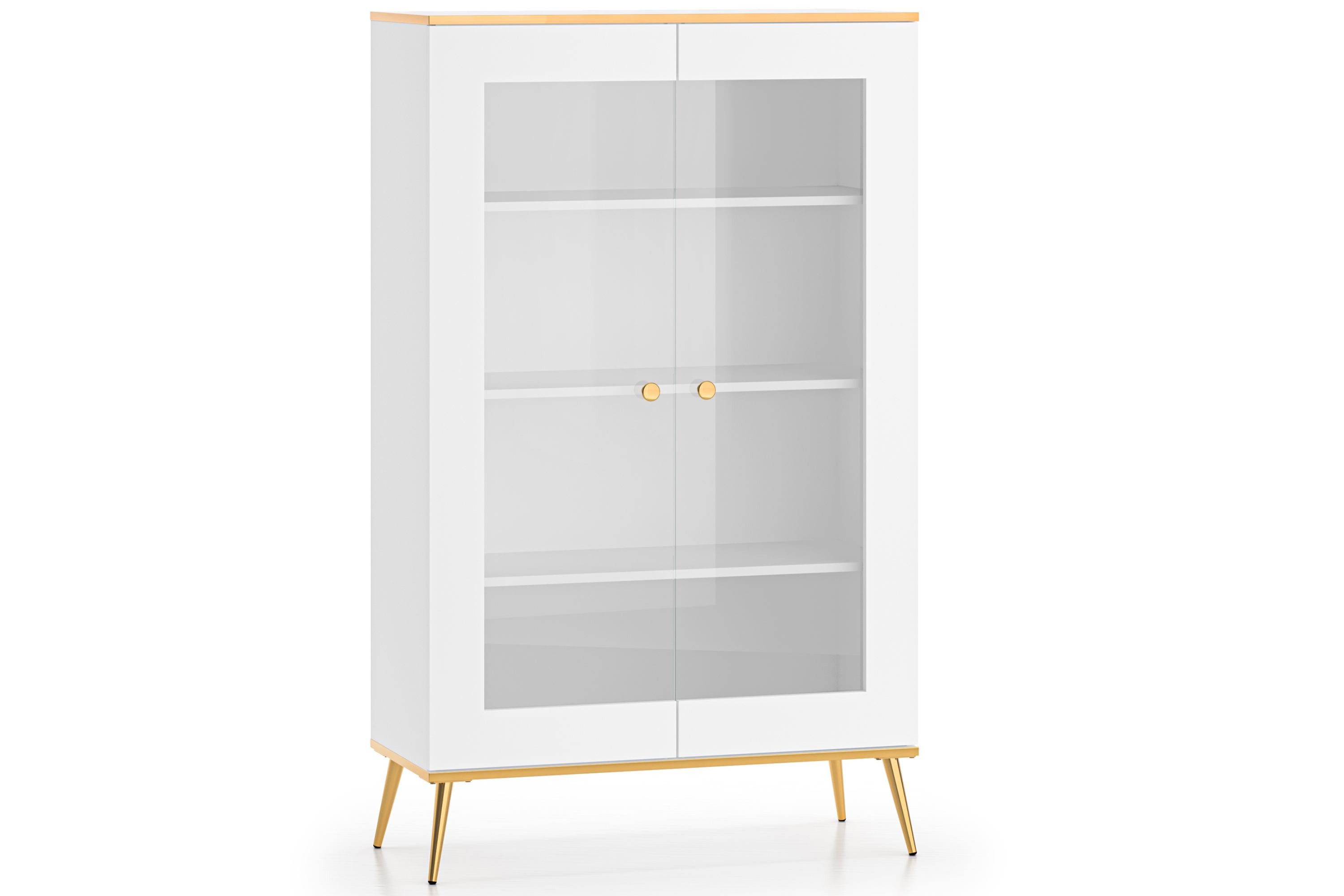 KONSIMO® Glasvitrine VELTI Vitrine, Standvitrine, hergestellt in der EU mit Goldelementen, breite Einlegeböden, Elegant