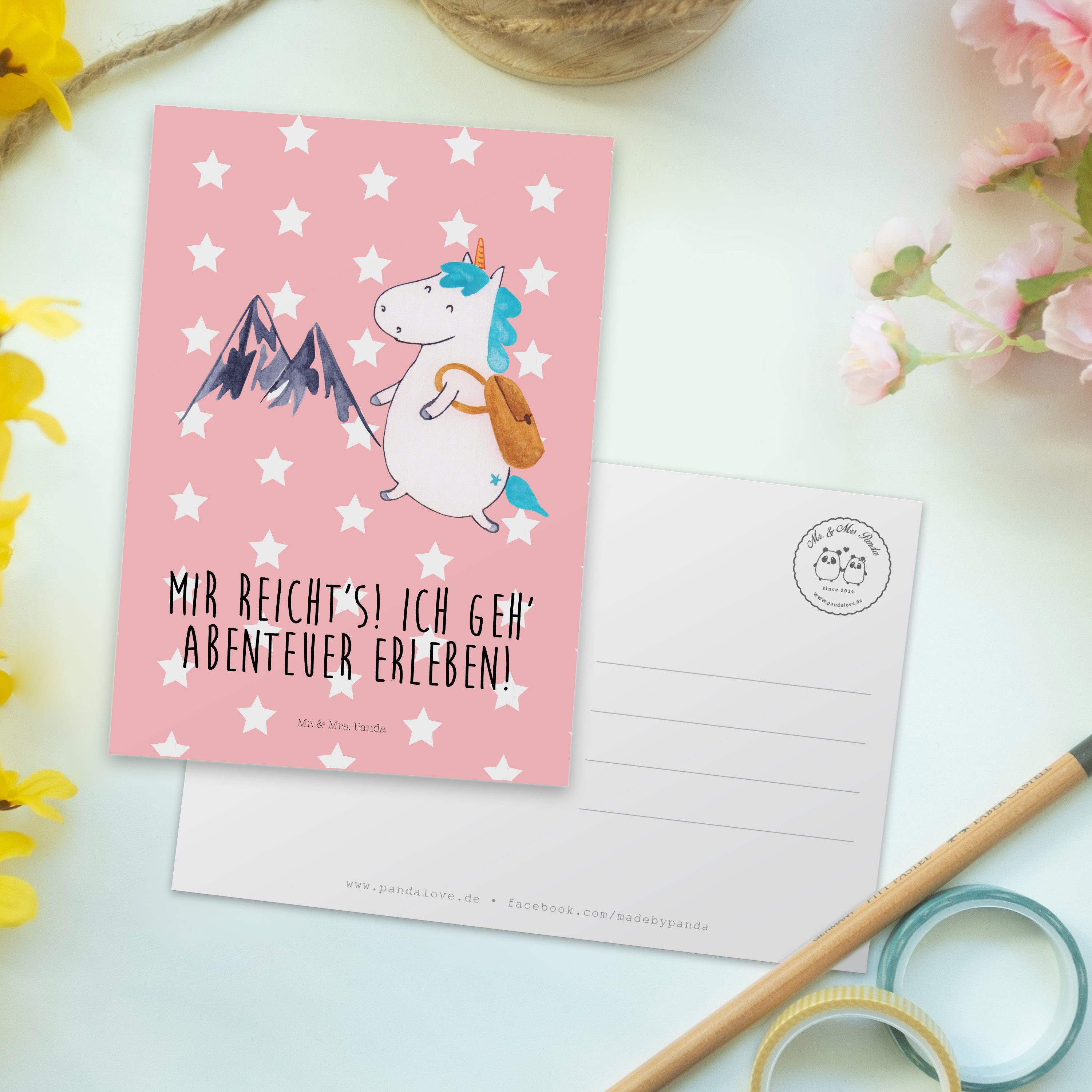Mr. & Mrs. Panda Postkarte - Pastell Weltre Rot Bergsteiger Geschenk, Einladungskarte, Einhorn 