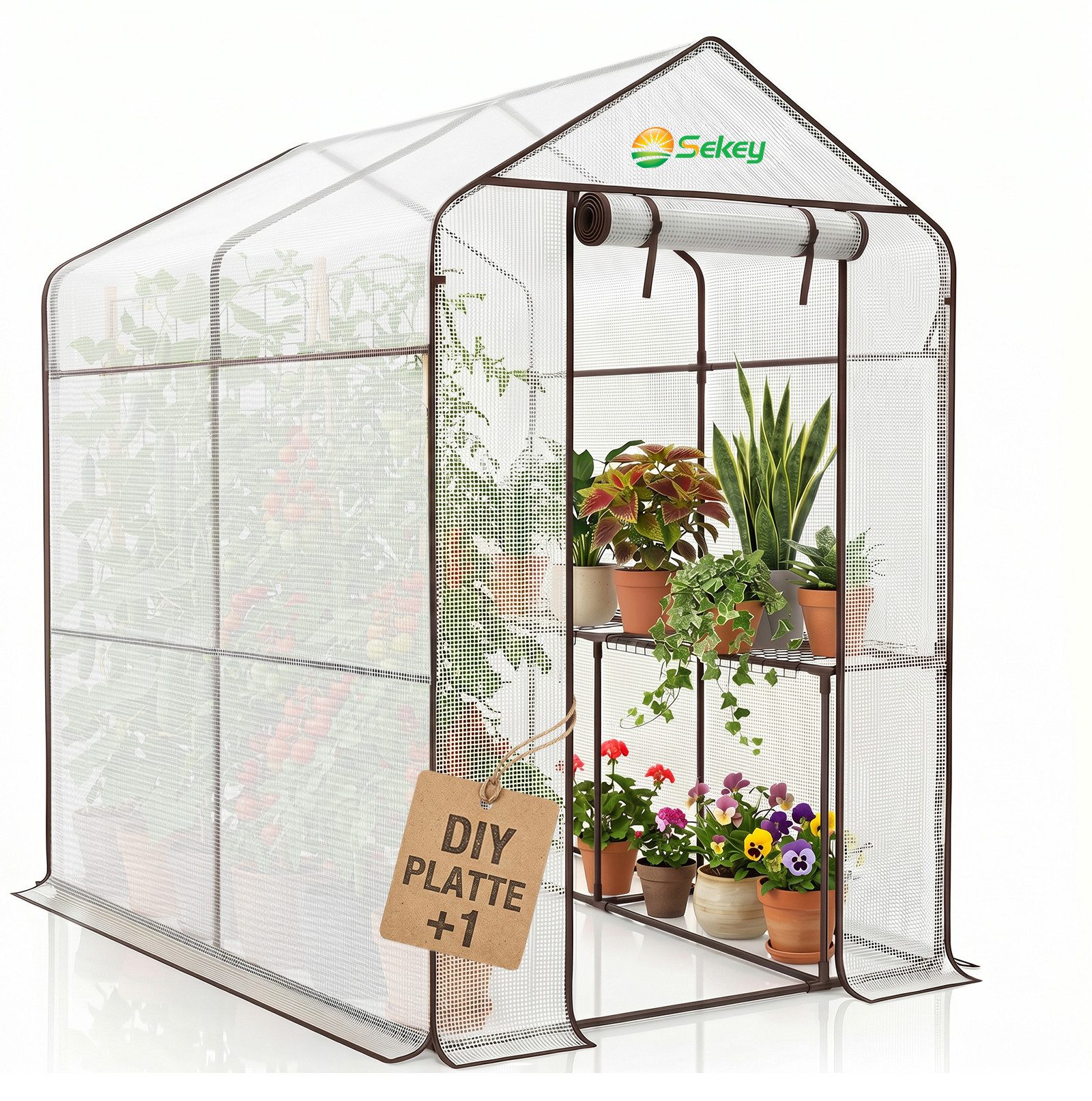 Sekey Gewächshaus Begehbares Foliengewächshaus mit 8 Regalebenen, Treibhaus für Garten, 120 x 186 x 190 cm Tomatenhaus Winterfest Gewächshaus mit Tür