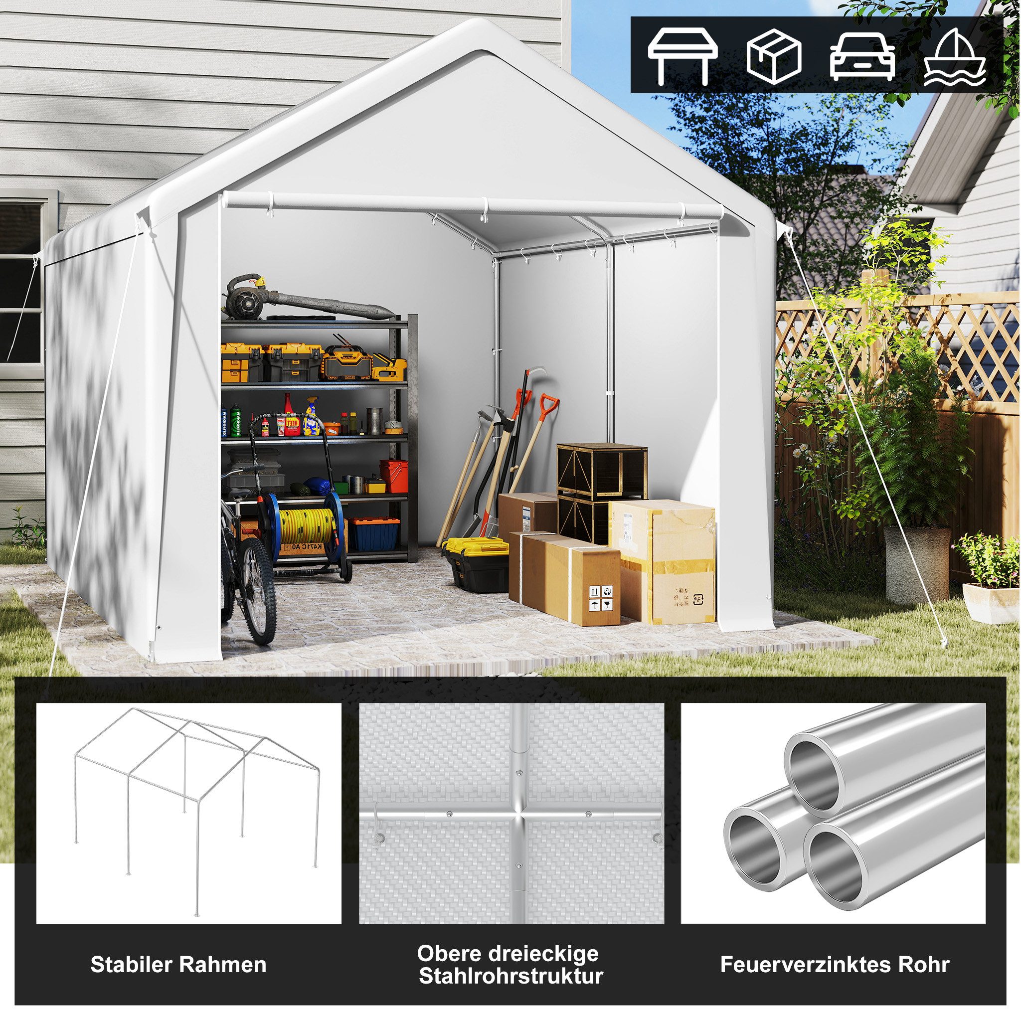 FIVMEN Gerätezelt Lagerzelt, Große Lagerhallendach mit aufrollbarem Fenster, Grau/Weiß