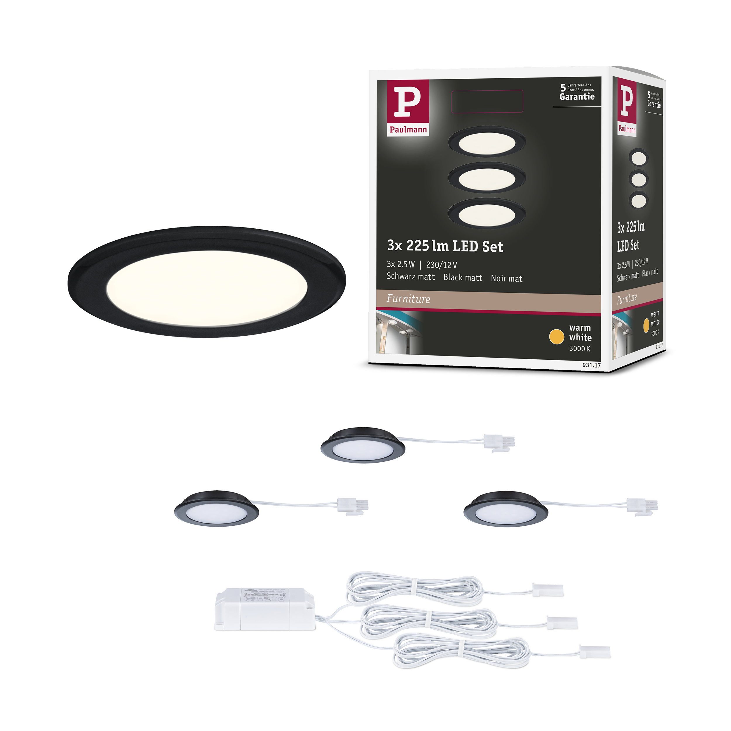 Paulmann LED Schrankinnenraumbeleuchtung LED Möbeleinbauleuchten 3er-Set rund 65 mm 3x2,5W 3x180lm 230/12V 3000