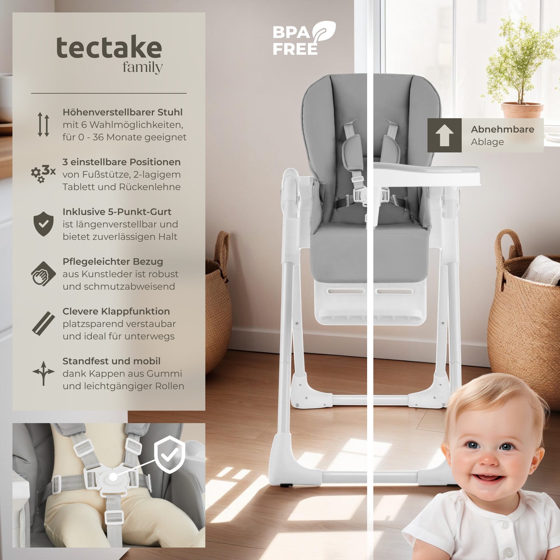 tectake Hochstuhl Kinderstuhl Sophia, klappbar, höhenverstellbar, günstig online kaufen