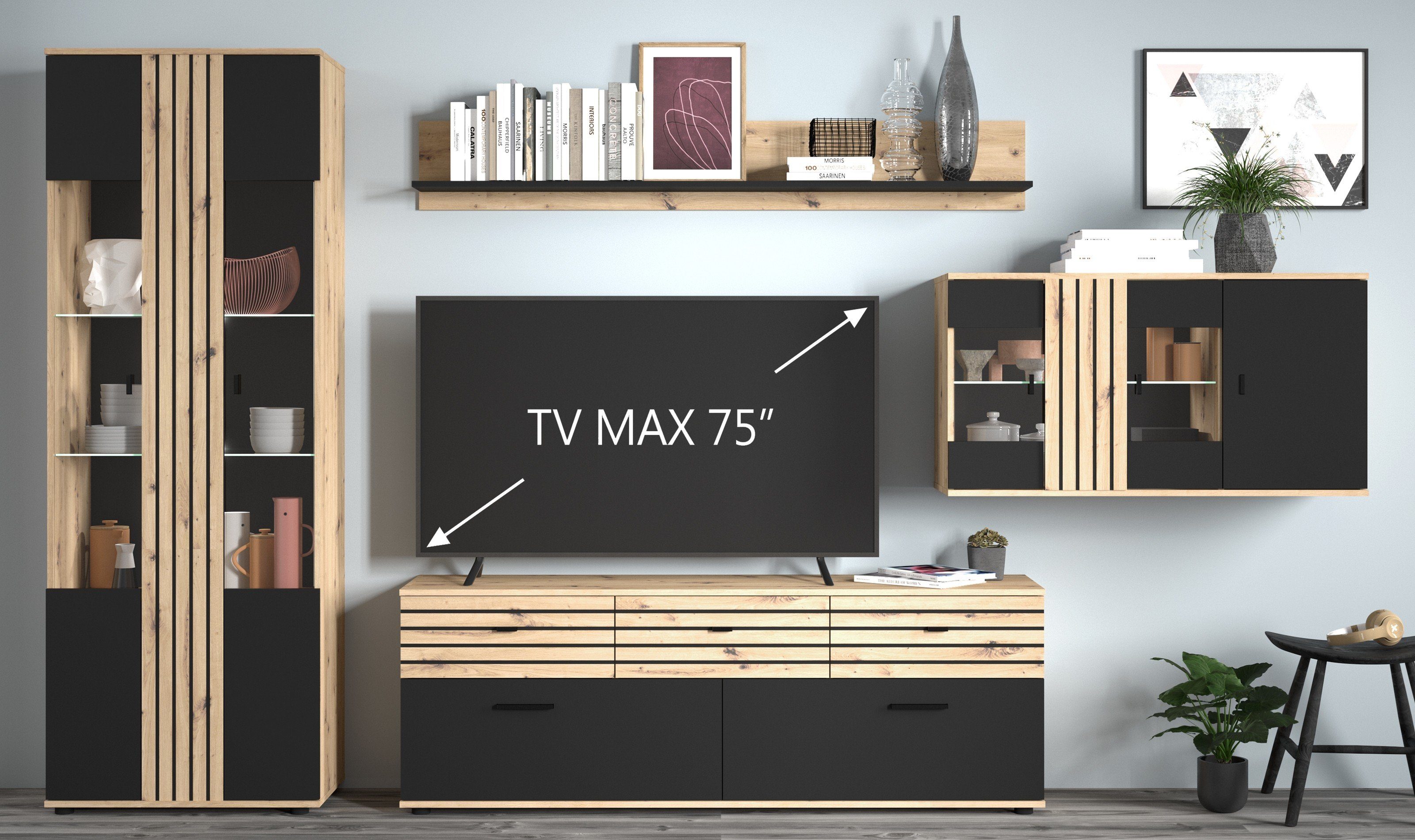 Forestdream Wohnwand in Schwarz/Dekor Lamellen Artisan Eiche mit 3 Schubladen und 5 Türen, (BxHxT: 340x202,5x38 cm)