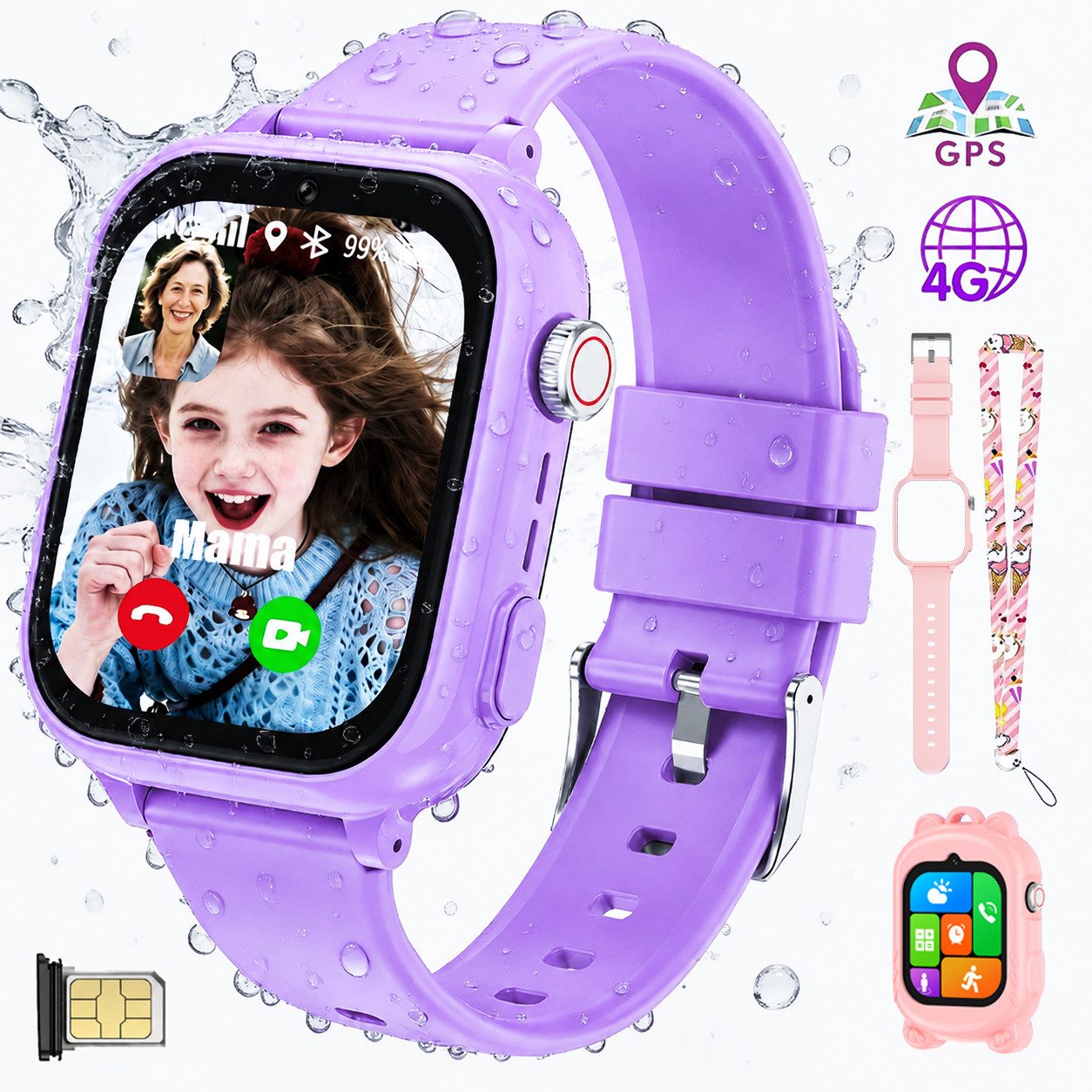 Vashoy Kinderuhr T59/T53 Smartwatch Kinder mit GPS,Kindgerecht sicher Smartwatch (5 cm/1.83 Zoll, RTOS/4G (LTE) 4G Telefonfunktionen Smartwatch, 6-tlg., Mit App-Download-Funktion, Verschiedene Gehäusevarianten, Schulmodus,Geschenke für Kinder im Alter von