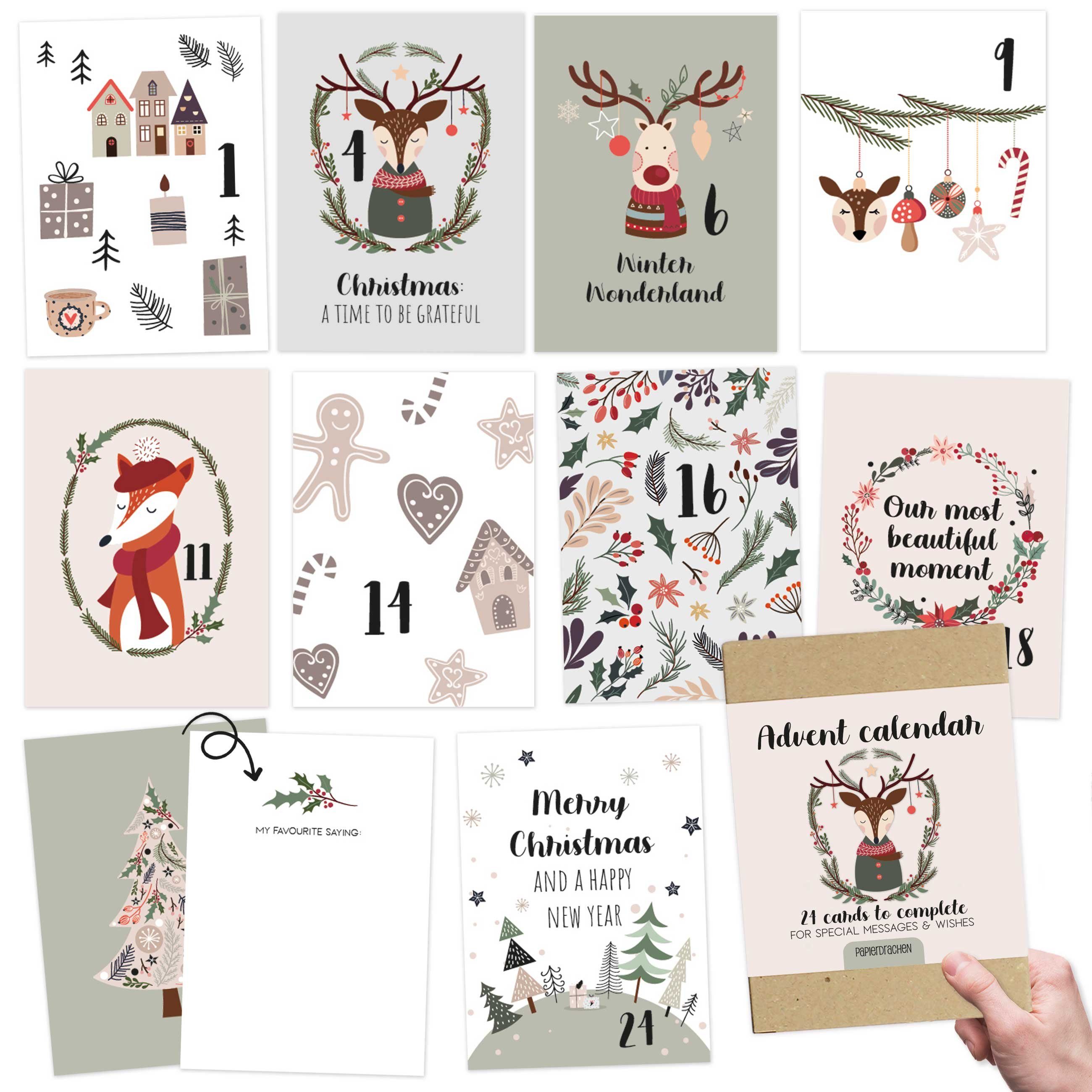 PAPIERDRACHEN Adventskalender 24 Karten Adventskalender - Geschenkidee in der Vorweihnachtszeit, zum Basteln und Verschenken