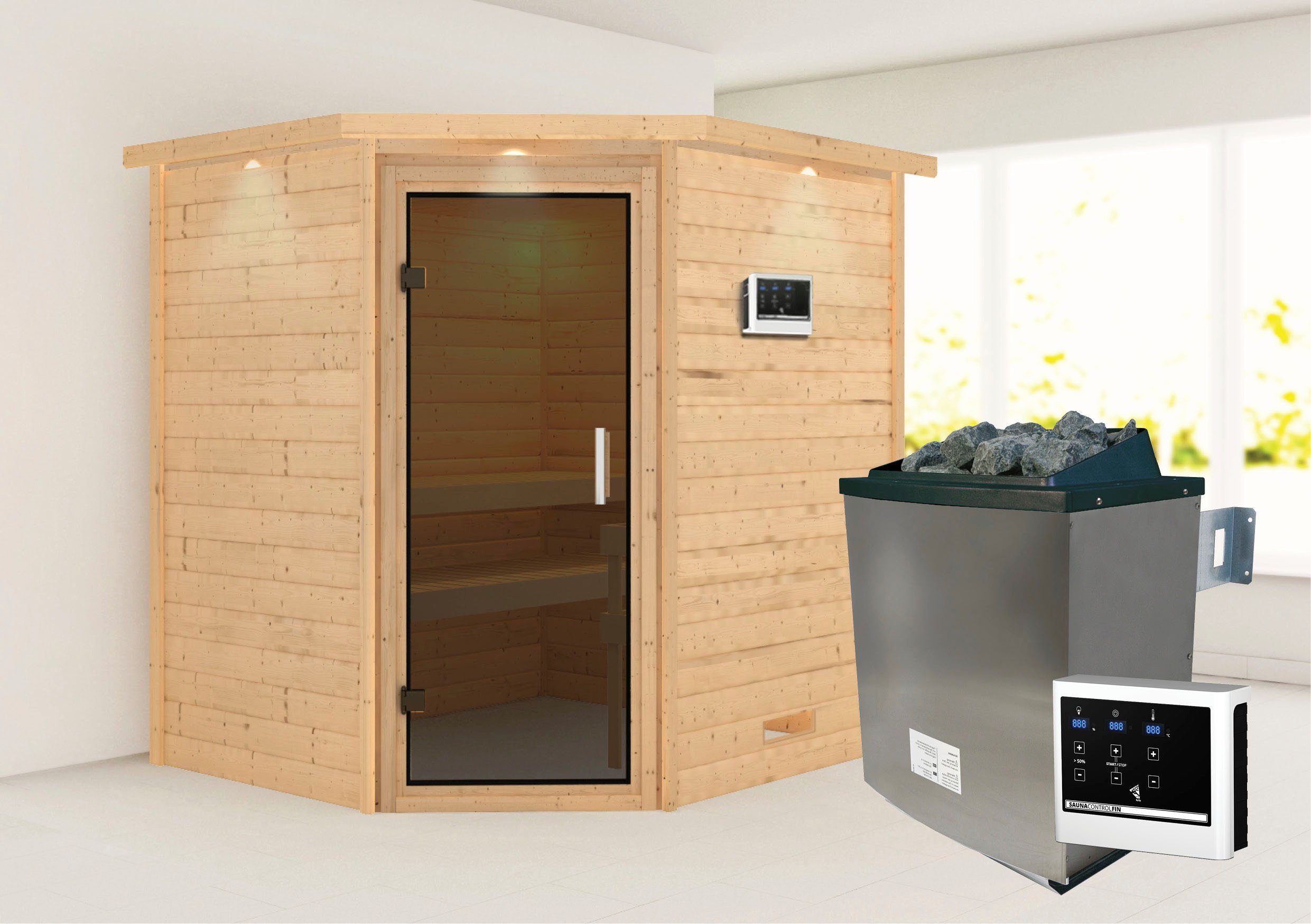 Karibu Sauna Mia (Fronteinstieg), BxTxH: 2240 x 1840 x 2020 cm, 38 mm, Ofen 9 KW externe Strg easy