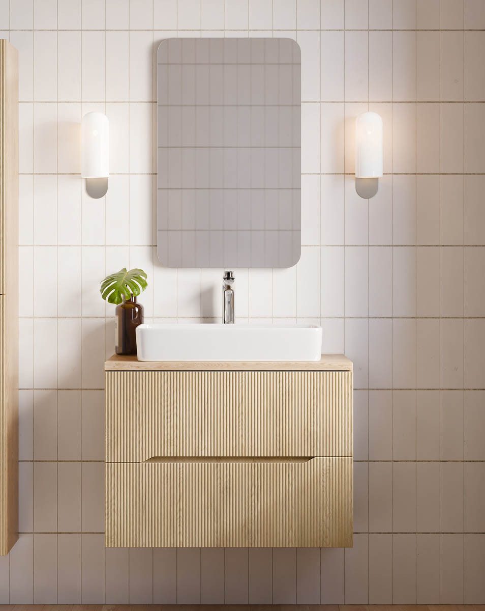 einfachgutemoebel Waschtisch-Set Bad-Set STEINFJORD 80cm Schubfächer, 2-tlg. Aufsatzbecken weiß, oak, (Badmöbel Set, 1-St., Waschtisch Unterschrank)