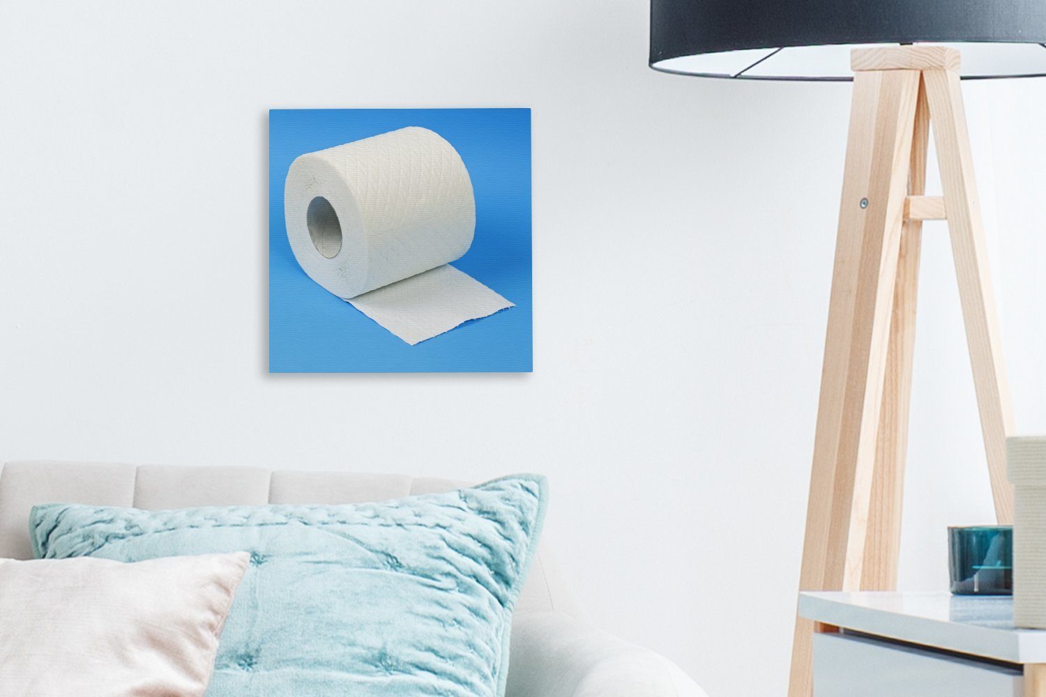 Leinwandbild Leinwand Wohnzimmer Schlafzimmer für (1 OneMillionCanvasses® blau, auf Toilettenpapier Bilder St),