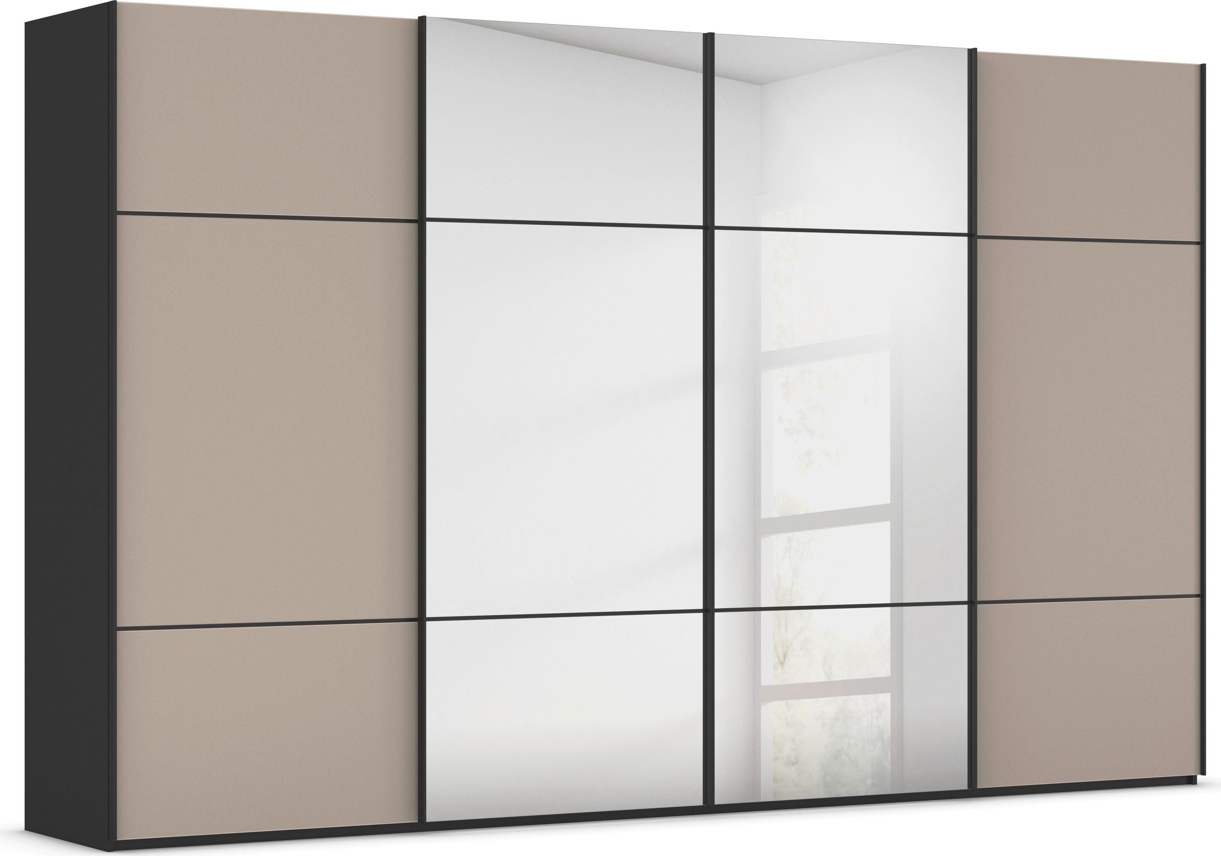 rauch Schwebetürenschrank Kleiderschrank Schrank Garderobe Schlafzimmerschrank SCALE-TRIO edle dreigeteilte Front mit 2 Zierleisten Spiegel/Glas MADE IN GERMANY