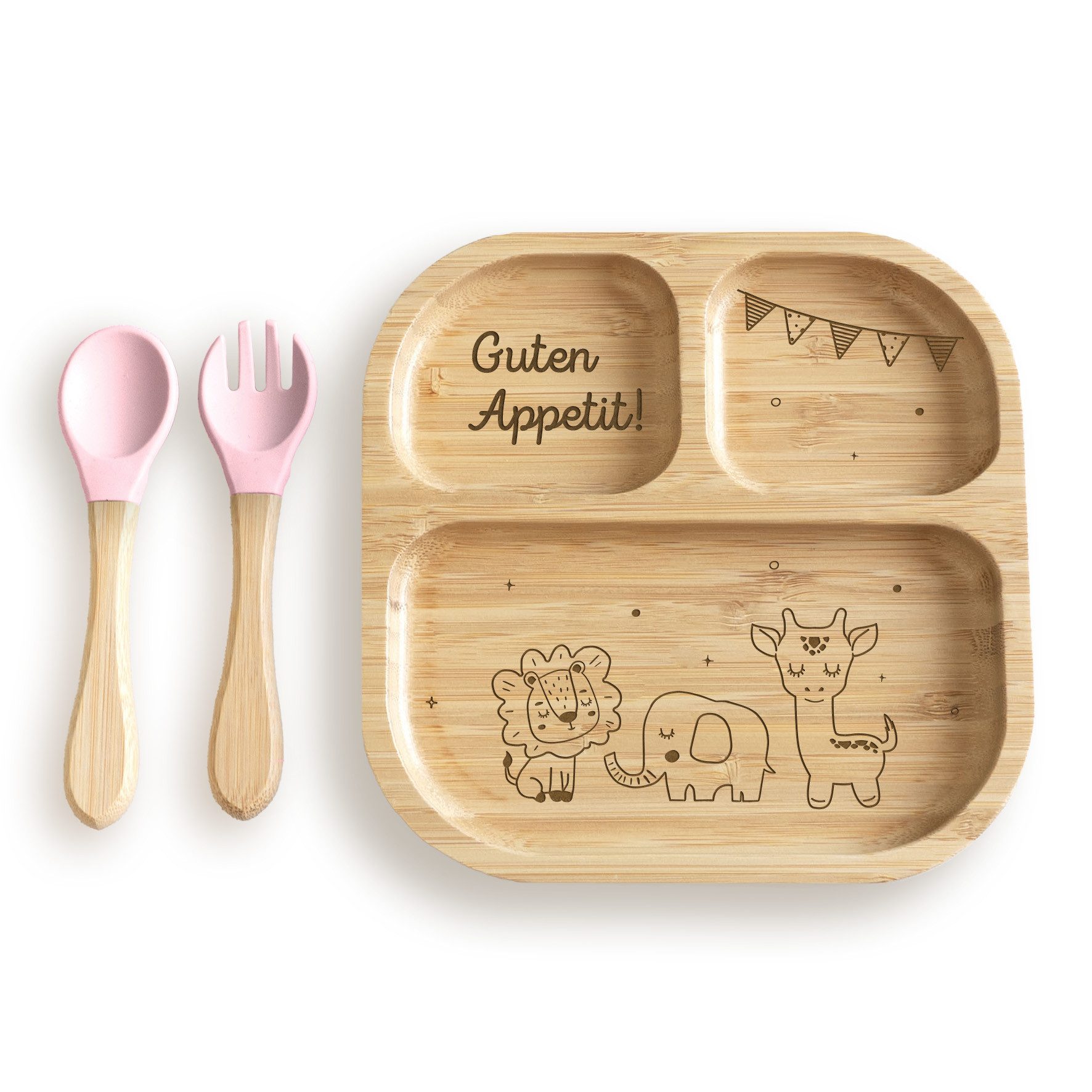 hellomini Kindergeschirr-Set Babyteller "Safari" Bambus Teller mit rosa Besteck (1-tlg), 1 Personen, Bambus, Silikon, BPA-frei, mit Motiv, rutschfest,Saugnapf, Montessori-Fächer