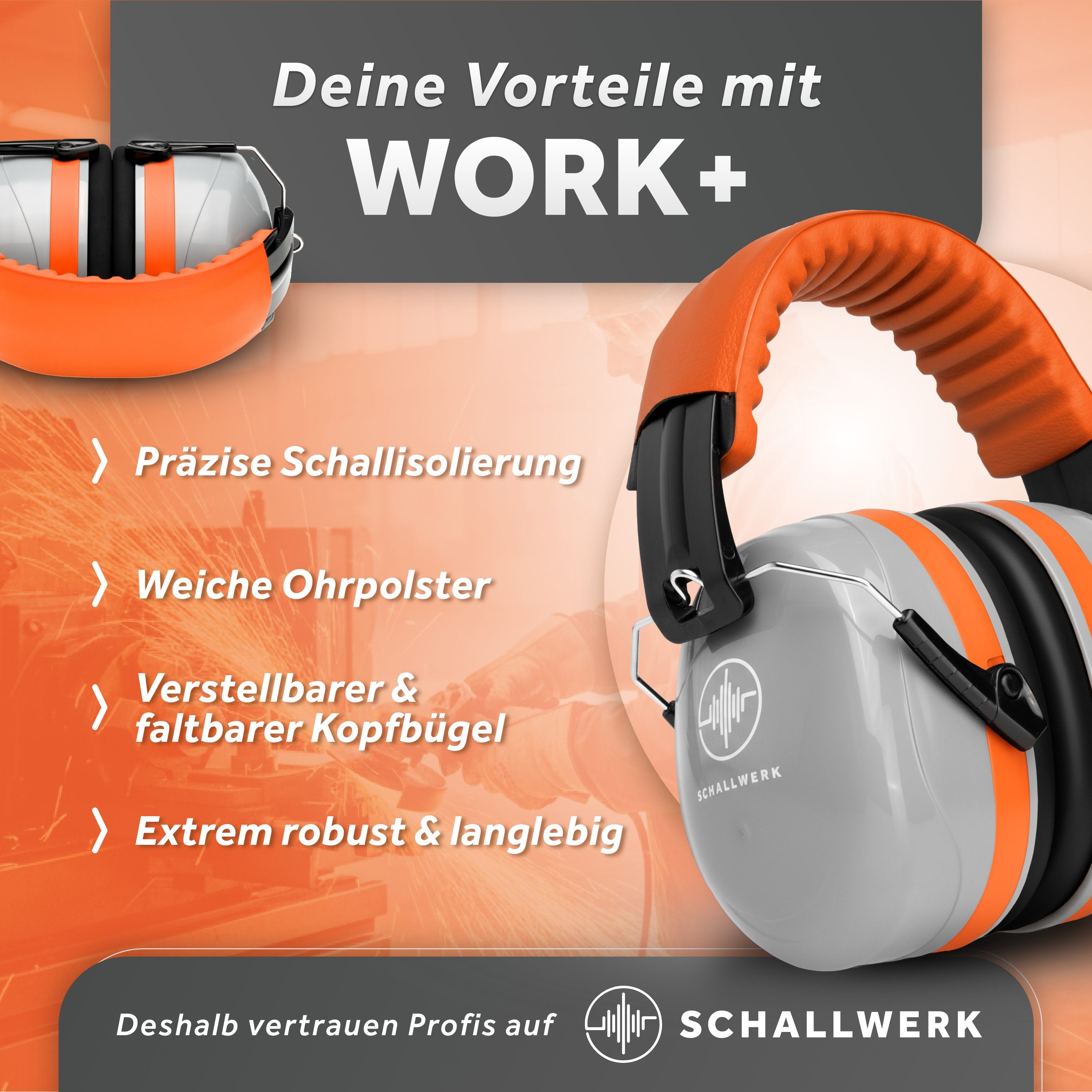 Schallwerk Kapselgehörschutz Arbeitsgehörschutz Work+ größenverstellbar bequemer Sitz, Baustelle, Gartenarbeit, Heimwerken