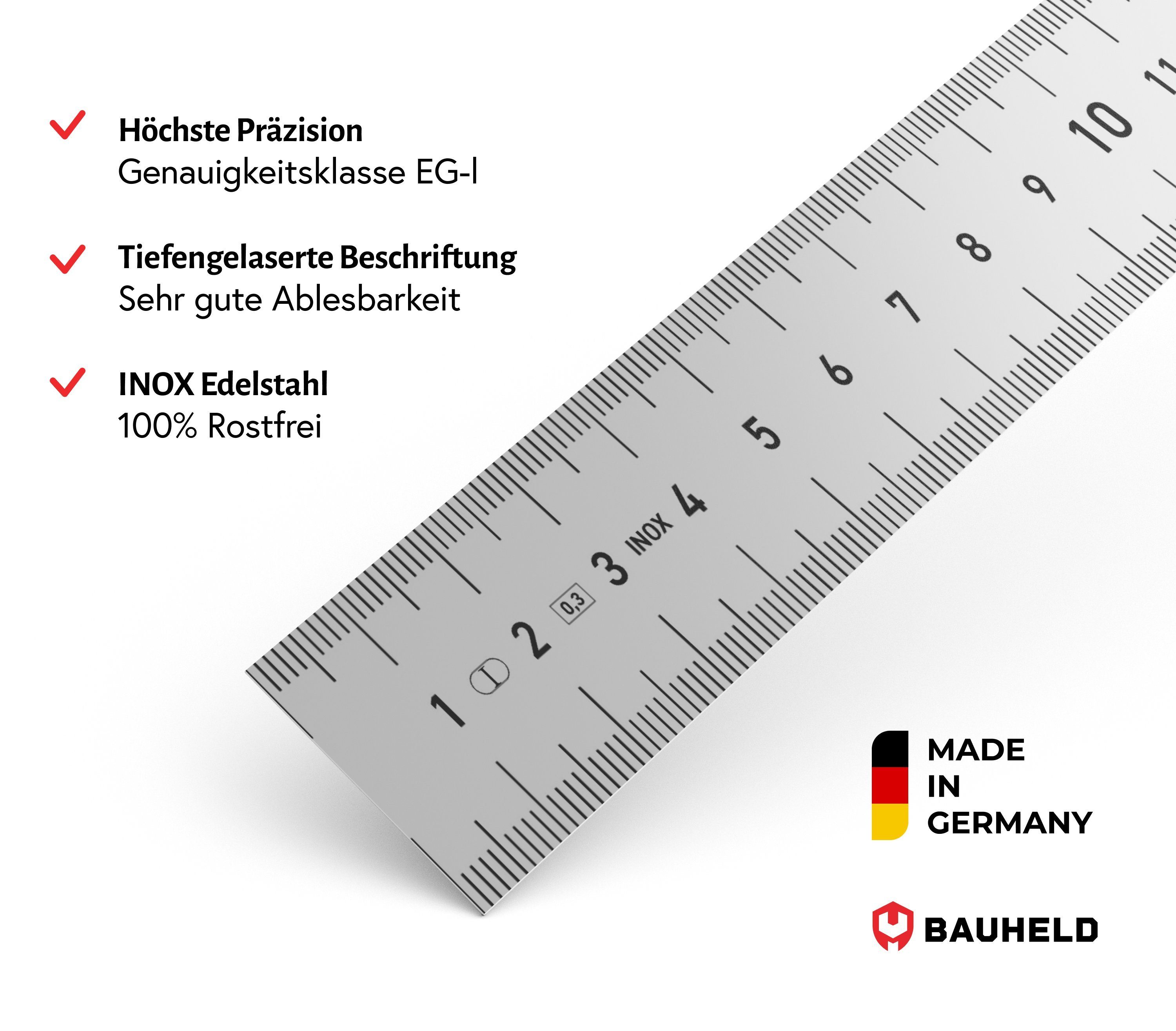 aus & Edelstahl Messwerkzeug [Made Germany] Multitool INOX - INCH Holzanschlag CM Streichmaß cm), Lineal in (EG-1), rostfreiem Stahlmaßstab BAUHELD 300mm, aus 30 mit PEFC-Buchenholz