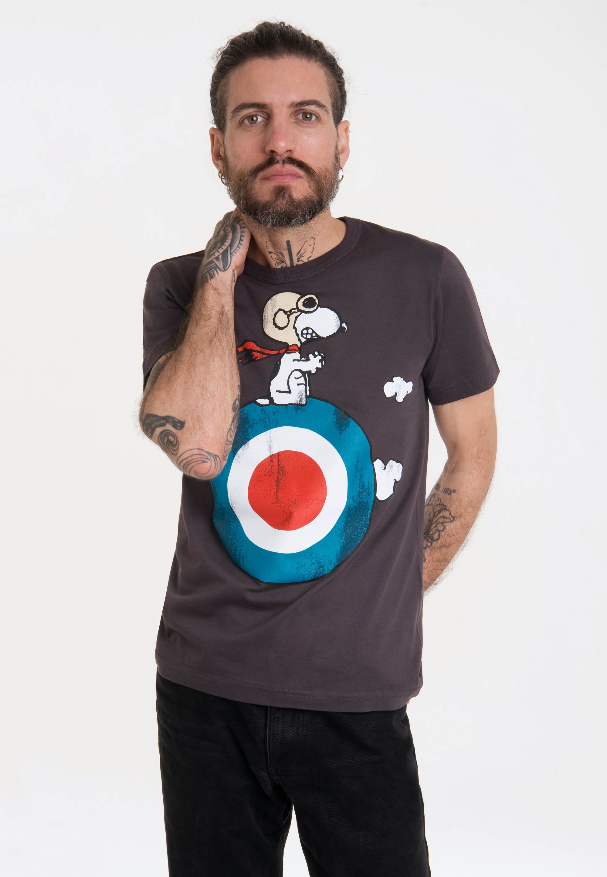 LOGOSHIRT T-Shirt Peanuts - Snoopy Pilot mit lizenziertem Print dunkelgrau