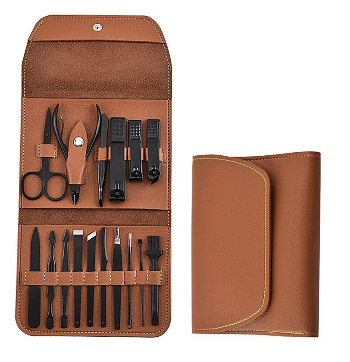 TPFBeauty Maniküre-Etui Nagel Set mit Aufbewahrungs-Etui, 16 tlg., Edelstahl Maniküre Set Pediküre Set - Braun