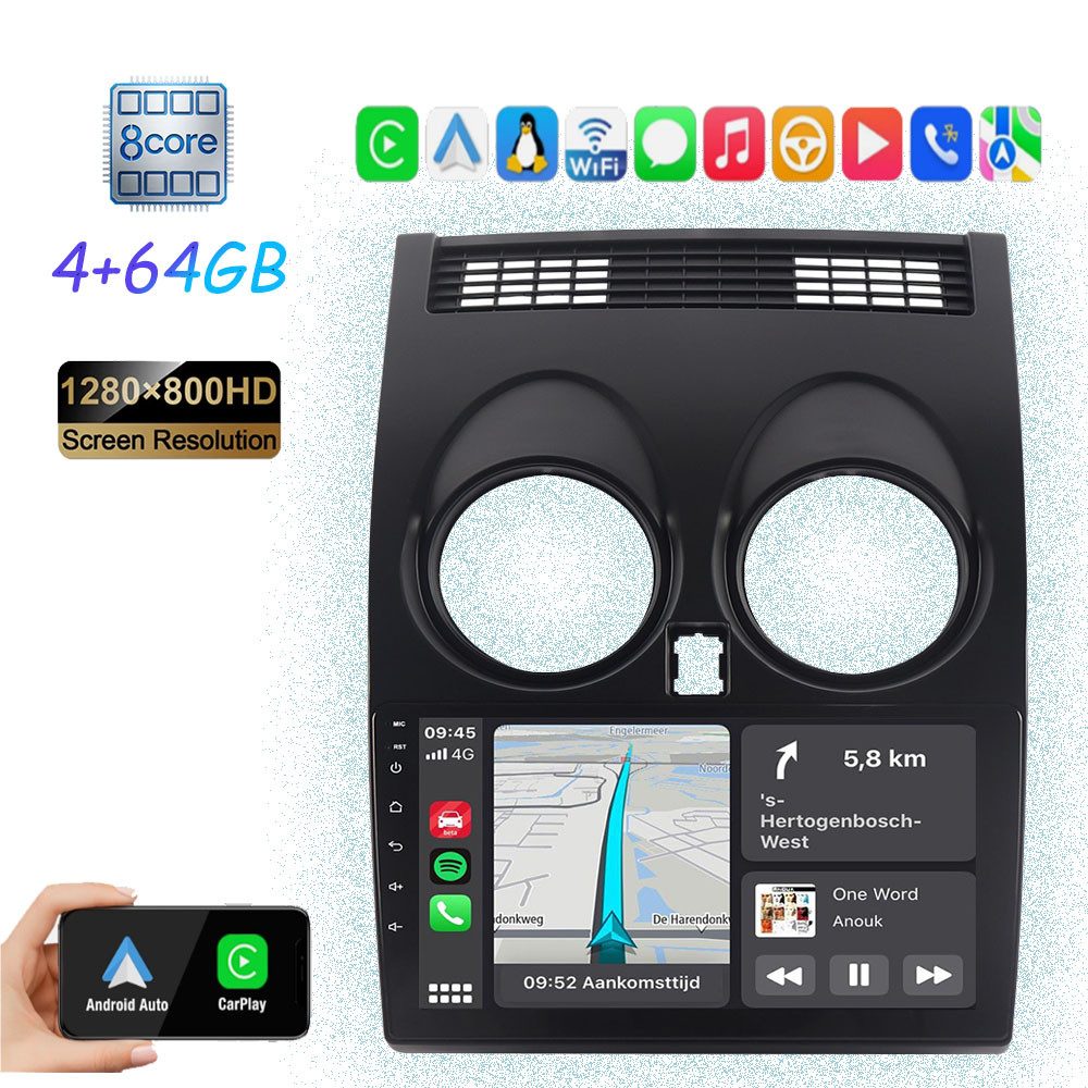 A-Sure Für Nissan Qashqai J10 2007-2016 GPS Navi Android 15 Carplay FM RDS BT Autoradio (Digitalradio (DAB), FM, AM, 1280*800 IPS Screen/8-Core CPU)