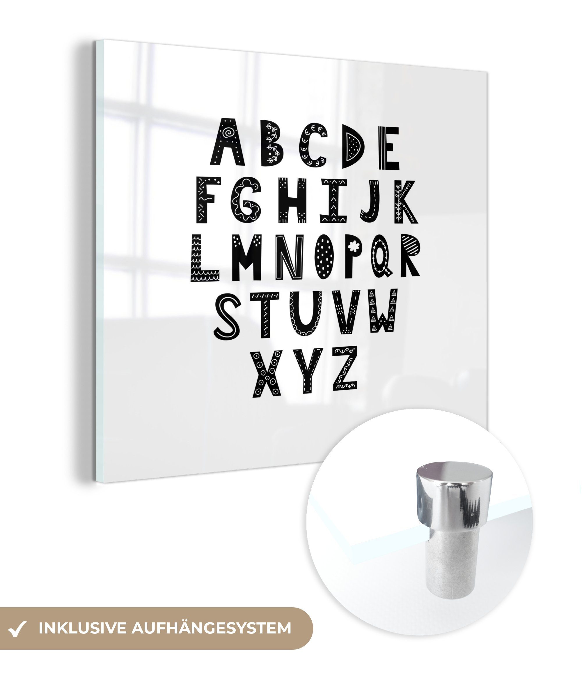 MuchoWow Acrylglasbild Illustration des Alphabets dekoriert Buchstaben vor einem weißen, (1 St), Glasbilder - Bilder auf Glas Wandbild - Foto auf Glas - Wanddekoration