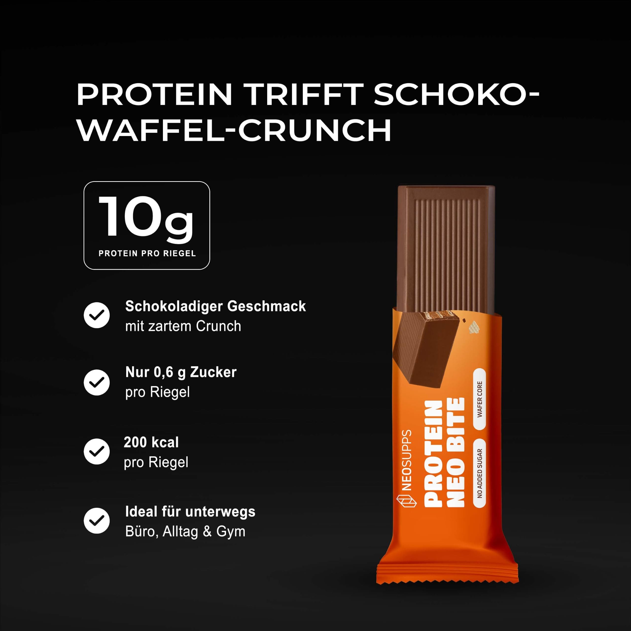 Neosupps NeoBite Proteinriegel 12x38g, Knuspriger Schoko Snack, Waffelschicht Riegel, 456 g, Protein Bar mit Vollmilchschokolade,10g Eiweiß & nur 0,6g Zucker