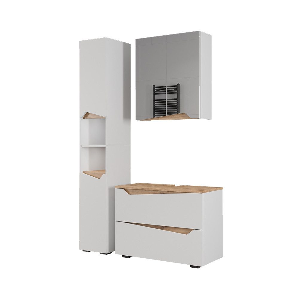 Vicco Badmöbel-Set Marelle, Weiß/Artisan, 3 Teile mit Hochschrank, (3-St., 3er Set)