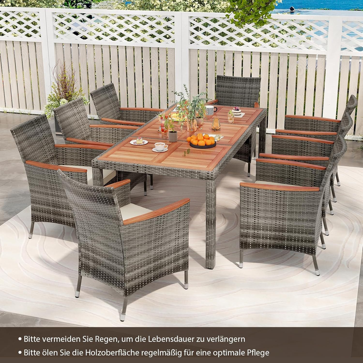 COSTWAY Garten-Essgruppe 9 TLG. Rattan, 8 Personen, Tisch & 8 Stühle, mit Kissen