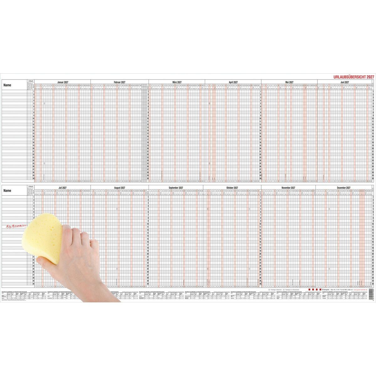 GÜSS Kalender Jahresplaner Urlaubsplaner Maxi 98,5x60cm für 30 Mitarbeiter abwischbar 2027