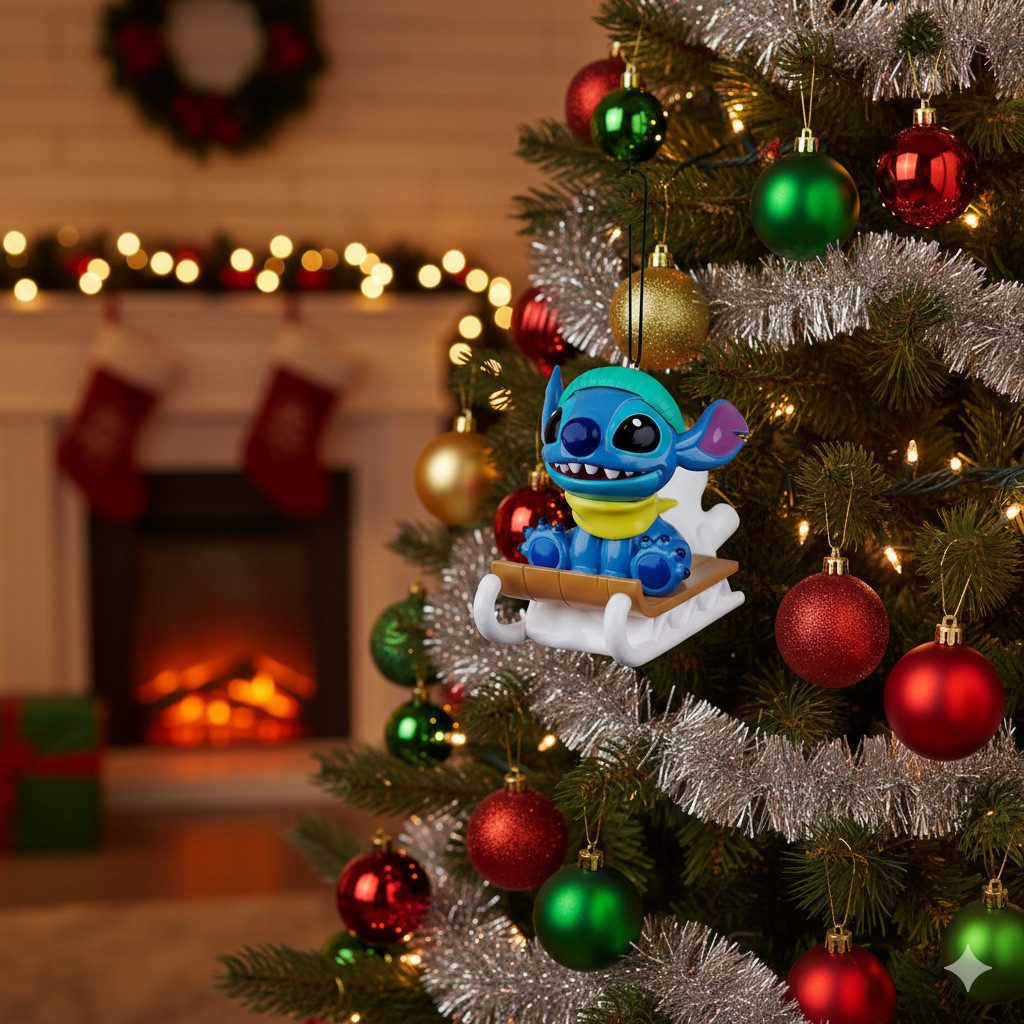 Disney Weihnachtsbaumkugel HOME Christbaumfigur 3D Stitch auf Schlitten Christbaumkugel Resin