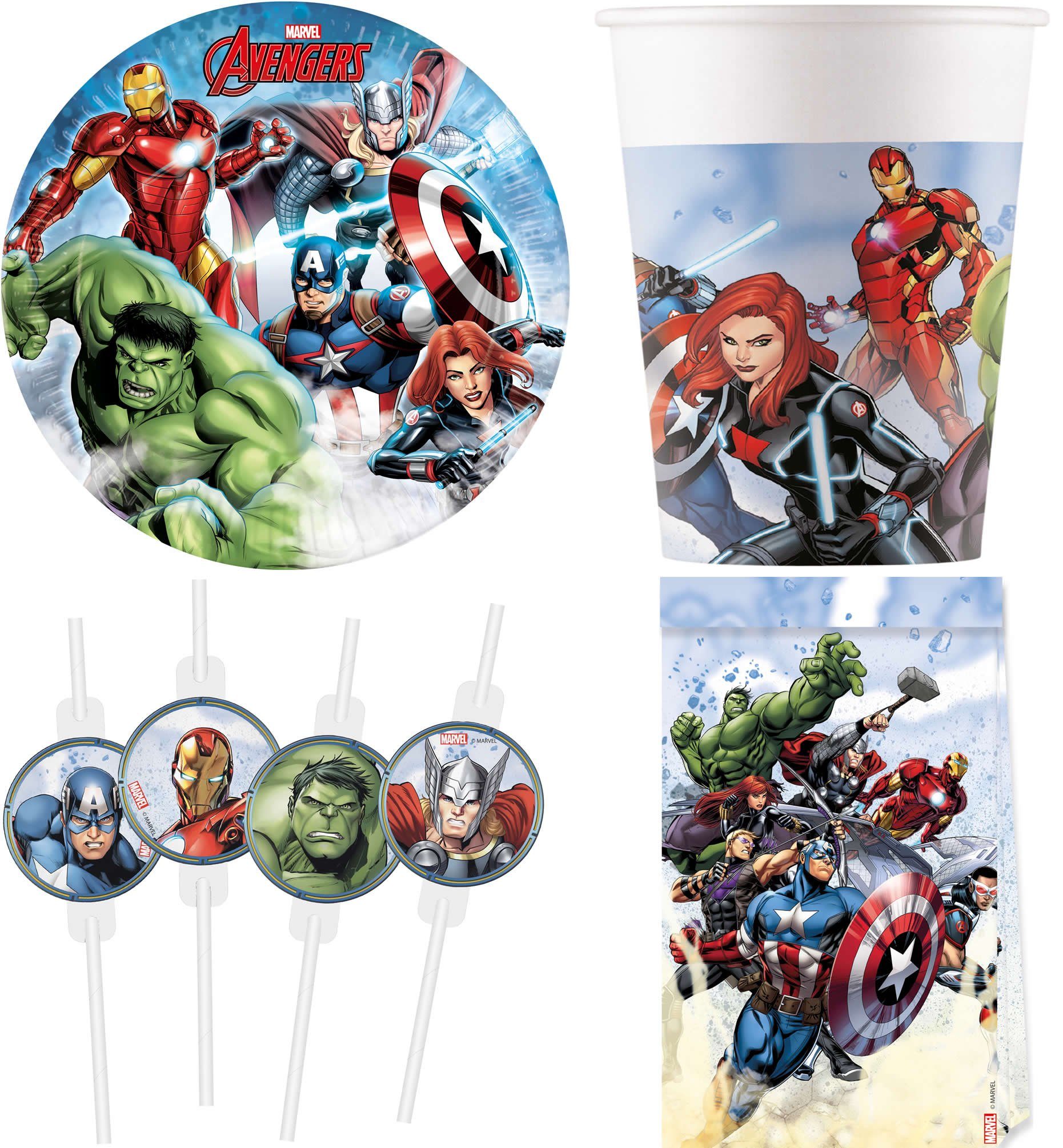 Procos Einweggeschirr-Set 32-tlg Set Kindergeburtstag Party Feier Deko Motto Avengers Infinity S (32-tlg), 8 Personen