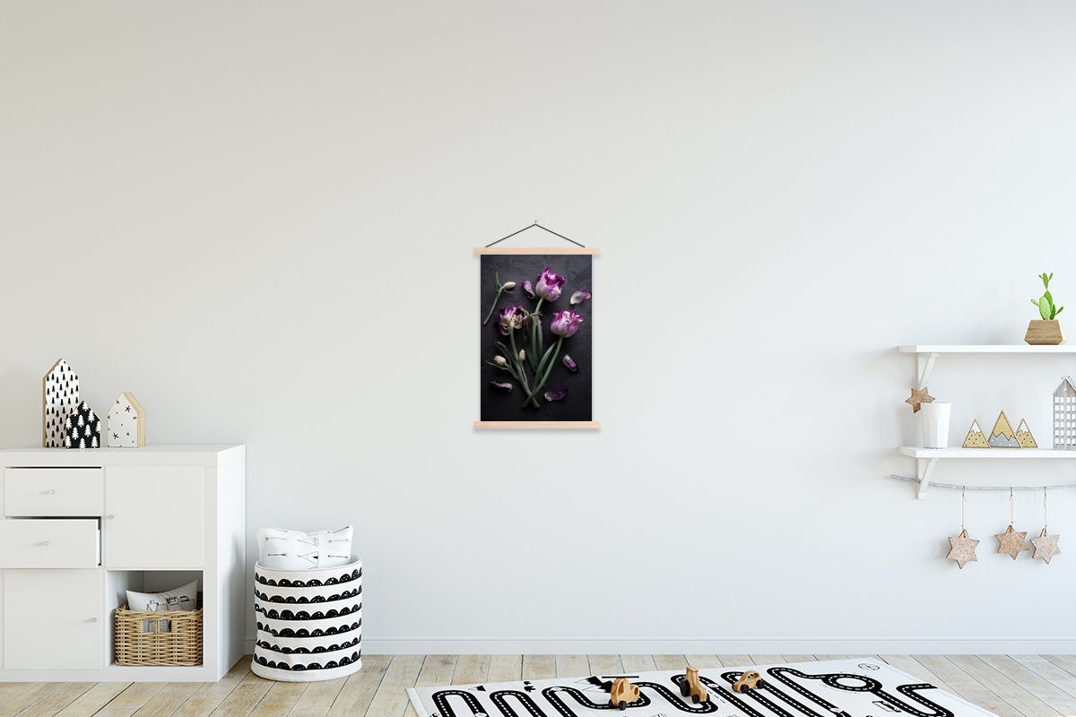 Bilderleiste, St), Posterleiste, - für Lila Blätter, Poster Magnetisch Wohnzimmer, - (1 Tulpen MuchoWow Textilposter