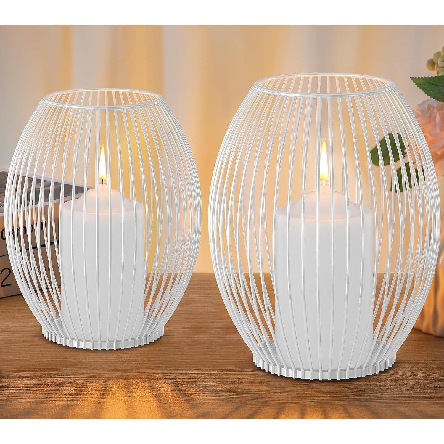 LuxusKollektion Kerzenlaterne Kerzenständer 2er Set Metall Weiss für Stumpenkerzen Tischdeko
