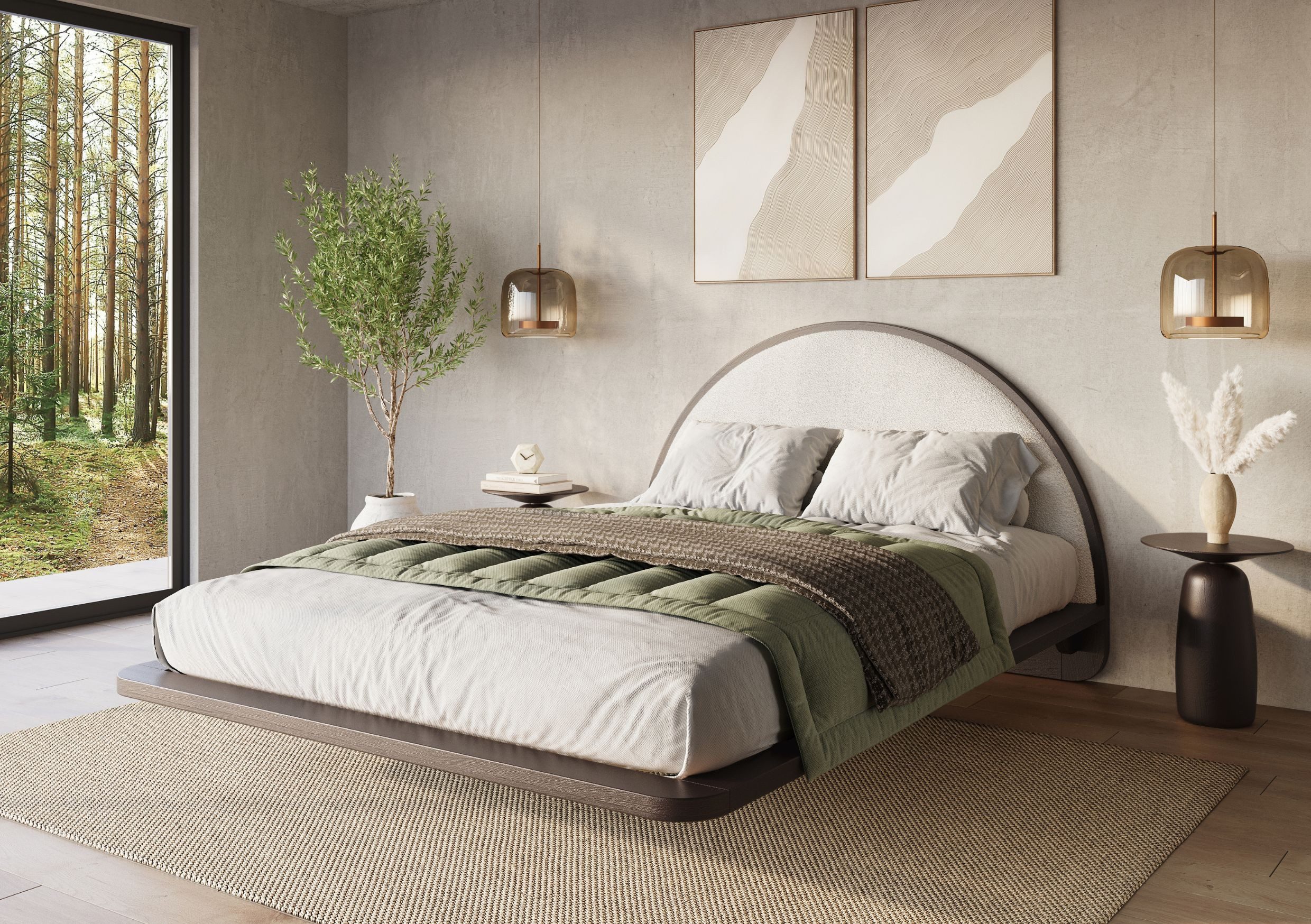 Visby Holzbett Momoko (Buchenbett Futonbett mit Schwebeeffekt), mit rundem, gepolstertem Bouclé-Kopfteil, 180/200, Buche – lackiert