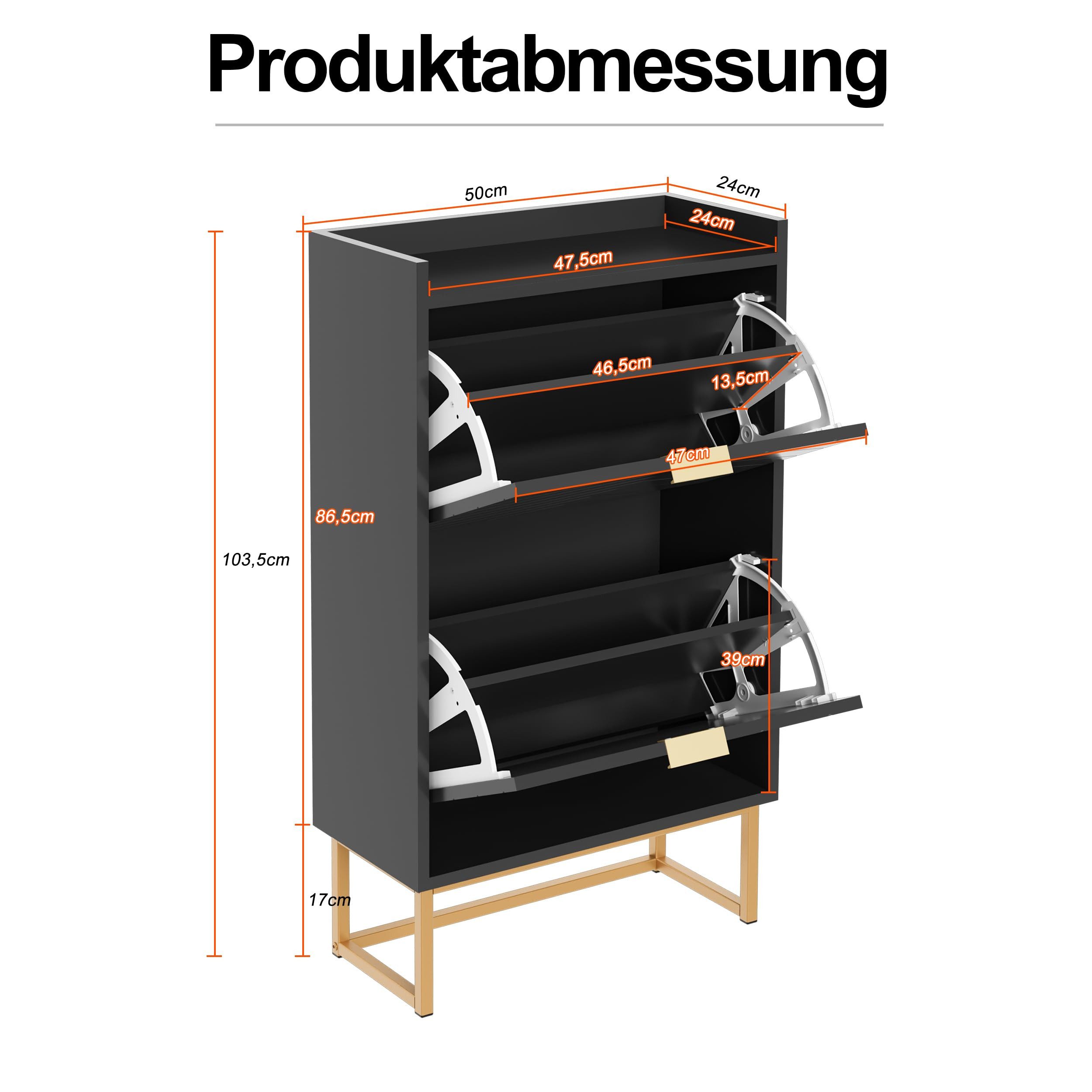 UEV Schuhschrank mit 2 Klappen, Schuhkipper Schmal, Schuhregal mit Metallfüße (50 x 24 x 103,5cm Modern Schuhaufbewahrung mit Oberplatte, Schuhkommode,Anti-Kipp-Vorrichtung für Eingangsbereich) trennwände verstellbar und abnehmbar für verschiedene Schuhtypen