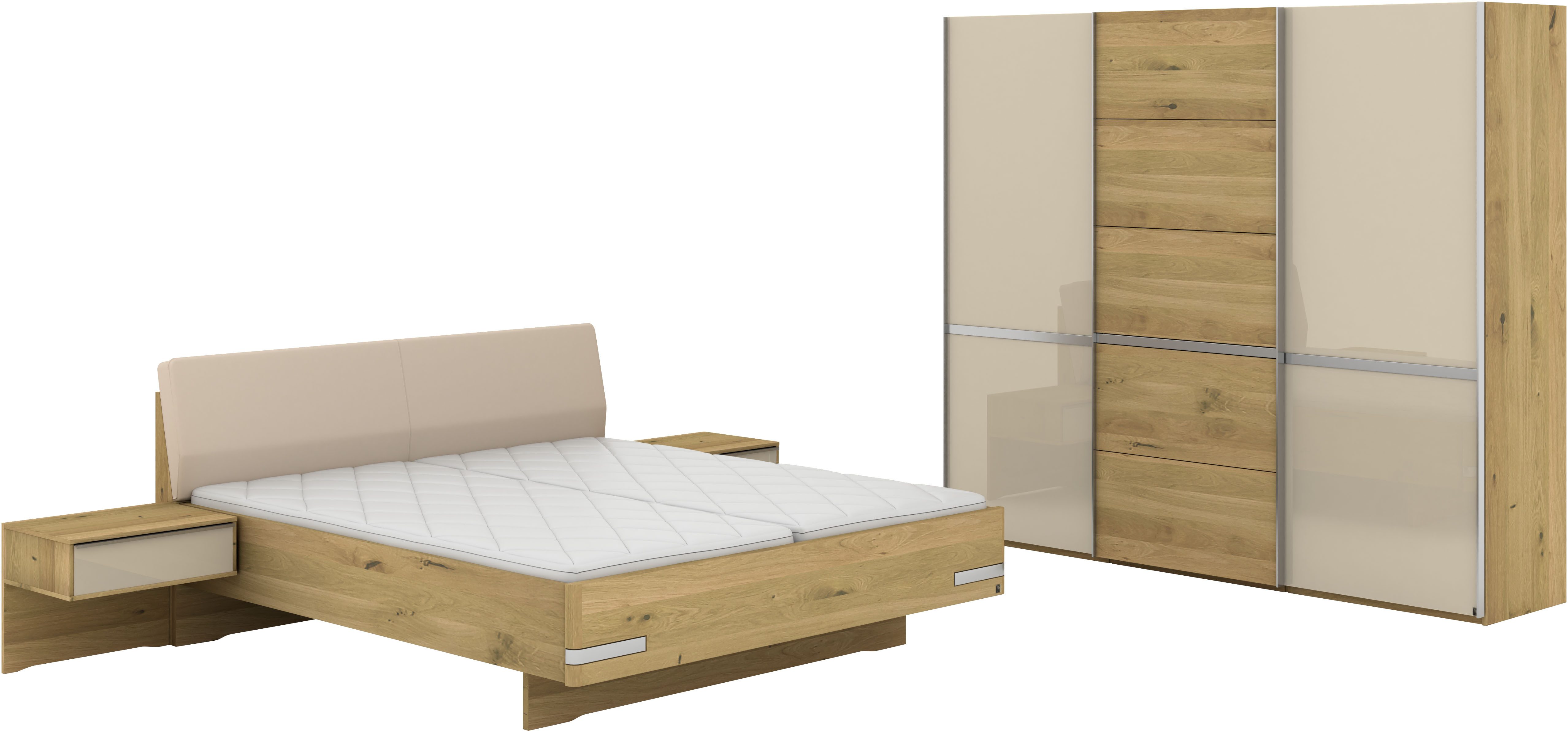 Musterring Schlafzimmer-Set Savona, Kleiderschrank, Bett & Nachtkommoden, teilmassiv Bianco-Eiche, (2er-Set Nachtschränke, Schwebetürenschrank, Bett 180x200 cm), Kopfteil Kunstleder Champagner, Schrank mit Eiche- und Glastüren