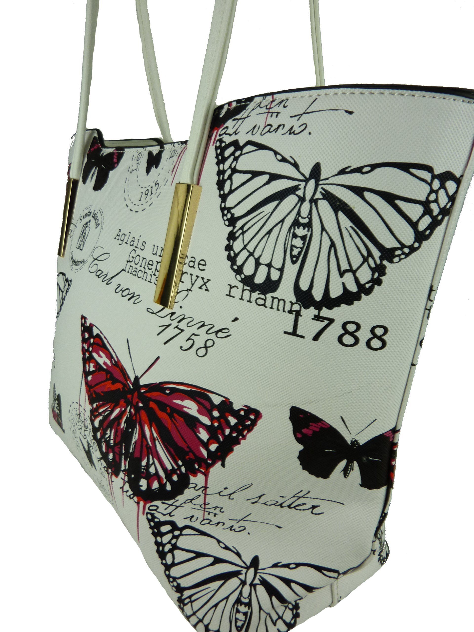 Taschen4life Butterfly Henkel im Schmetterling Vintage mehrfarbig retro Motive, Henkeltasche fuchsia 1803, Shopper Damen Sommertasche große lange Stil,