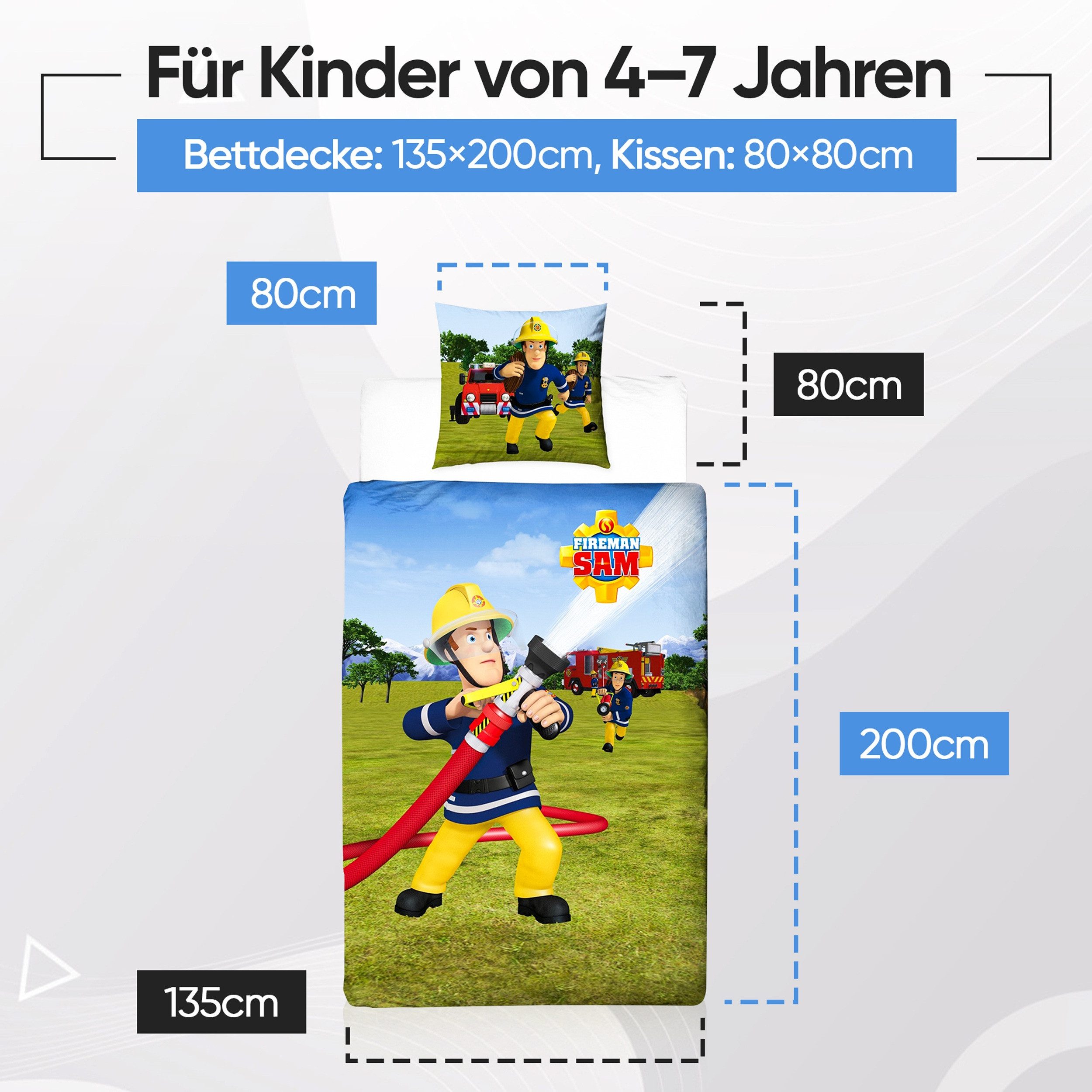 Familando Kinderbettwäsche Feuerwehrmann Sam 135x200 + 80x80 cm - 100% Baumwolle - Reißverschluss, Renforcé, 2 teilig, mit Wendemotiv auf Decke und Kissen – Bild 3 von 5
