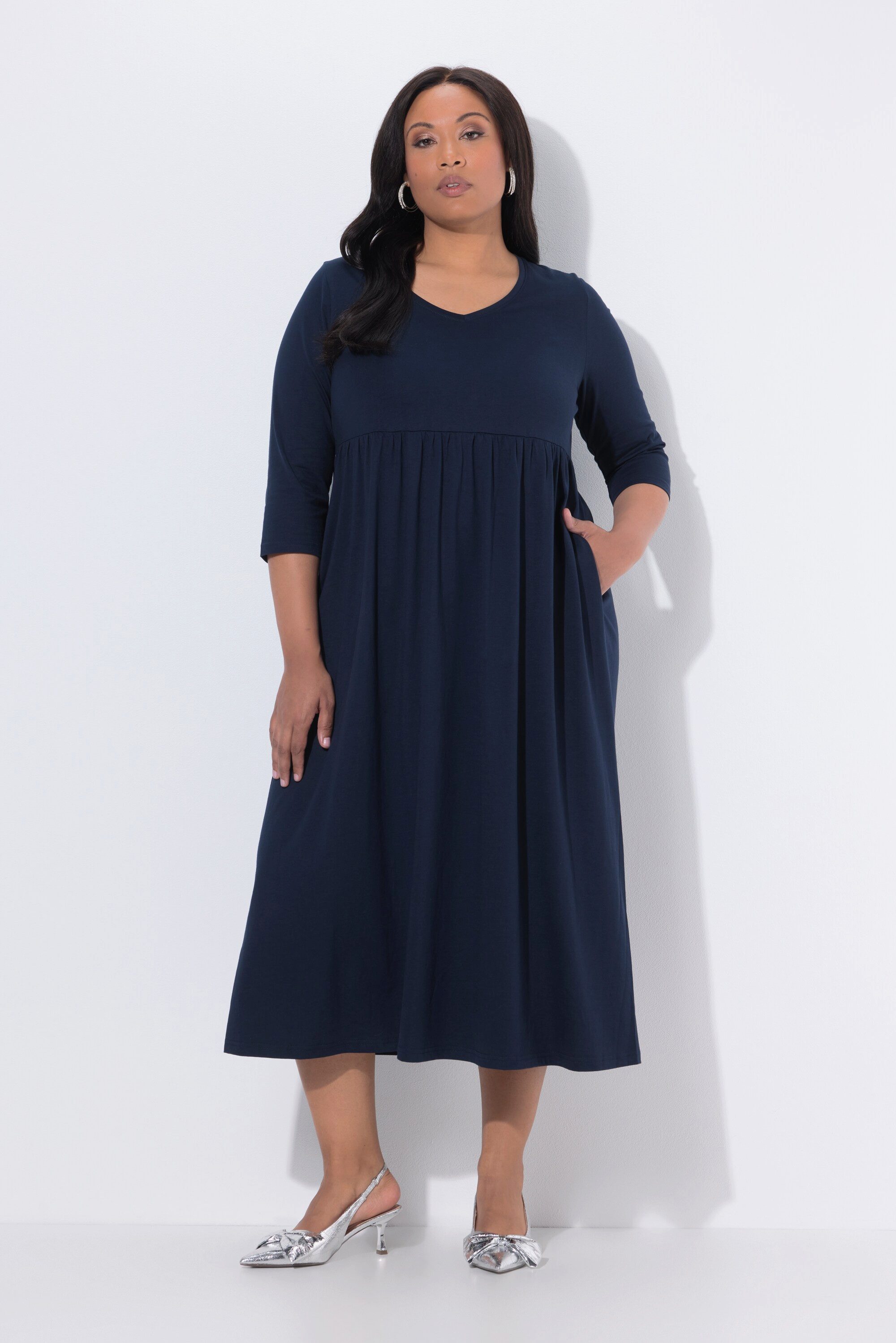 Maxikleid Jerseykleid Empirenaht V-Ausschnitt 3/4-Arm