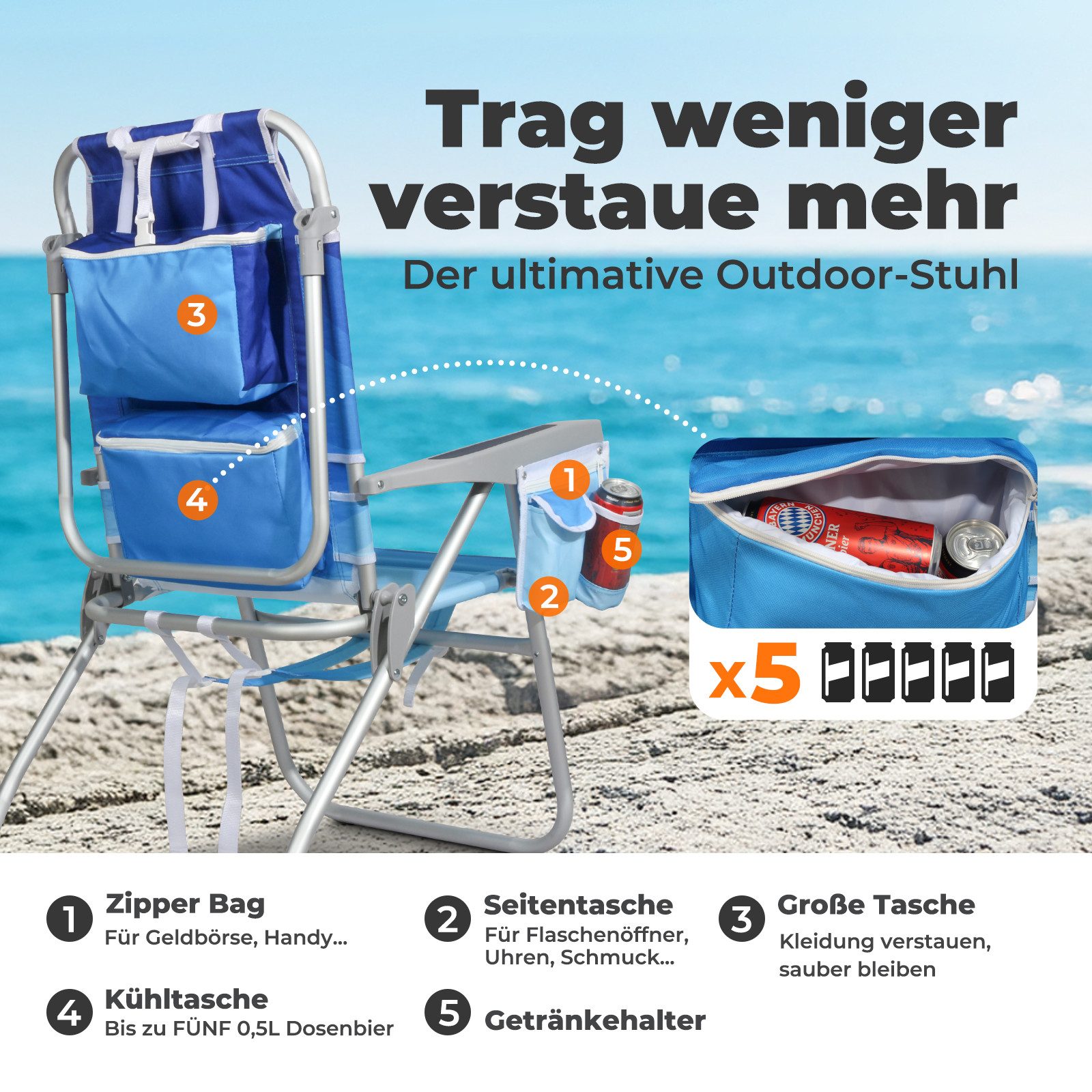 HOMECALL Klappstuhl Strandstuhl Leicht Klappbar Camping, 5-fach verstellbare Rückenlehne (Bis 136KG, Aluminiumrahmen, große Kühltasche und Aufbewahrungstasche, 1 St), Seitentaschen, Kopfstütze, Schultergurten, Handtuchhalter