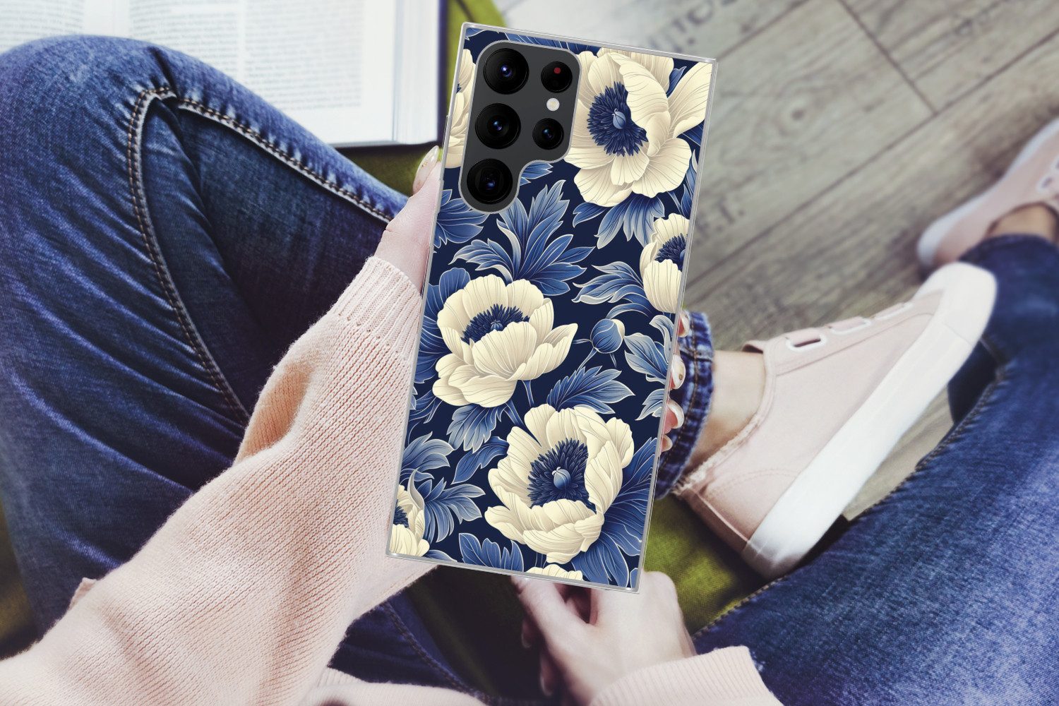 MuchoWow Handyhülle für Samsung Galaxy S22 Ultra Blumen - Muster - Blau - Weiß, Phone Case, Silikon, Schutzhülle Dünn