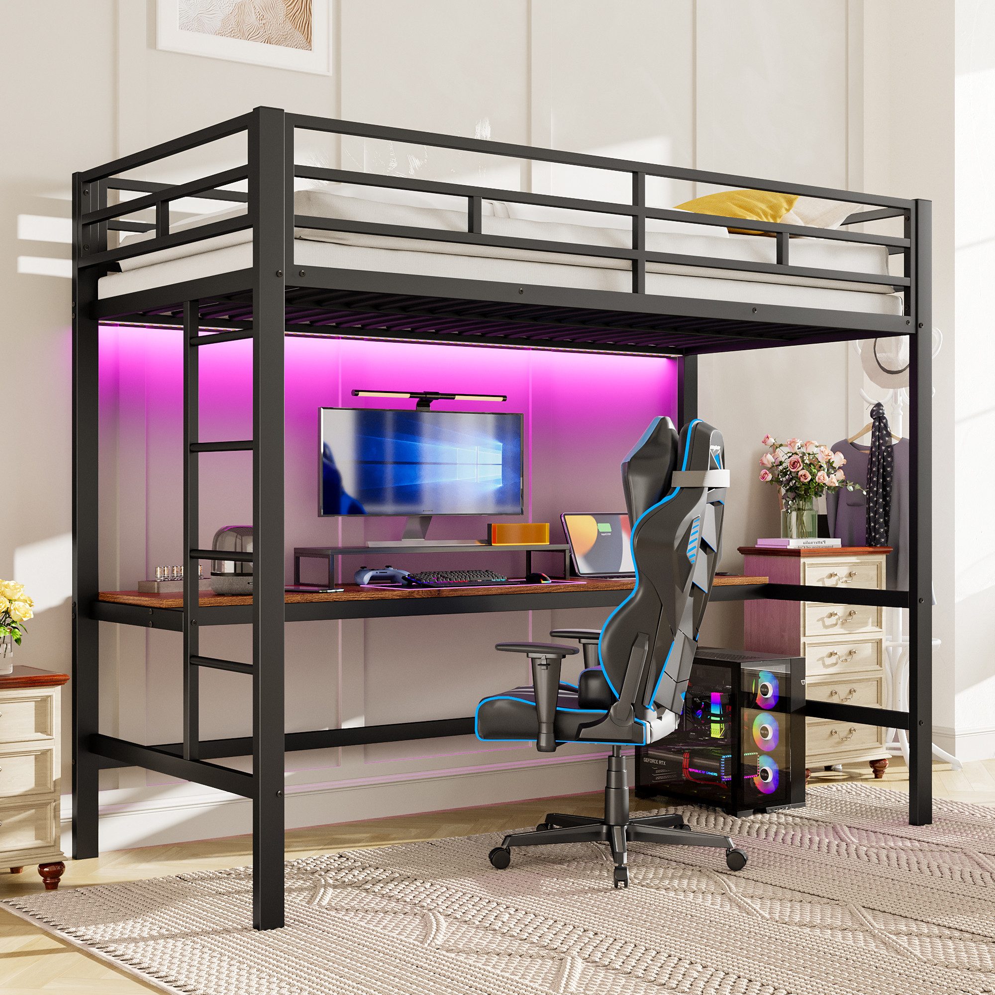 STILVORA Hochbett 90×200 Jugendbett mit Steckdose+USB,Tisch,Metallbett günstig online kaufen