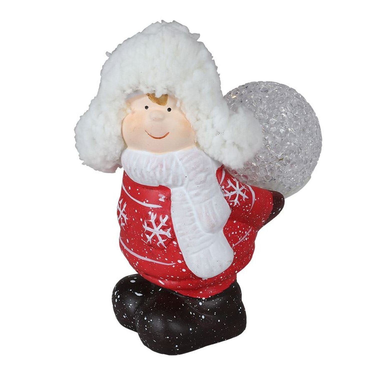 rot Weihnachtsdek Dekofigur stehend Keramik-Kinderfigur EDCO mit LED-Schneeball Dekofigur