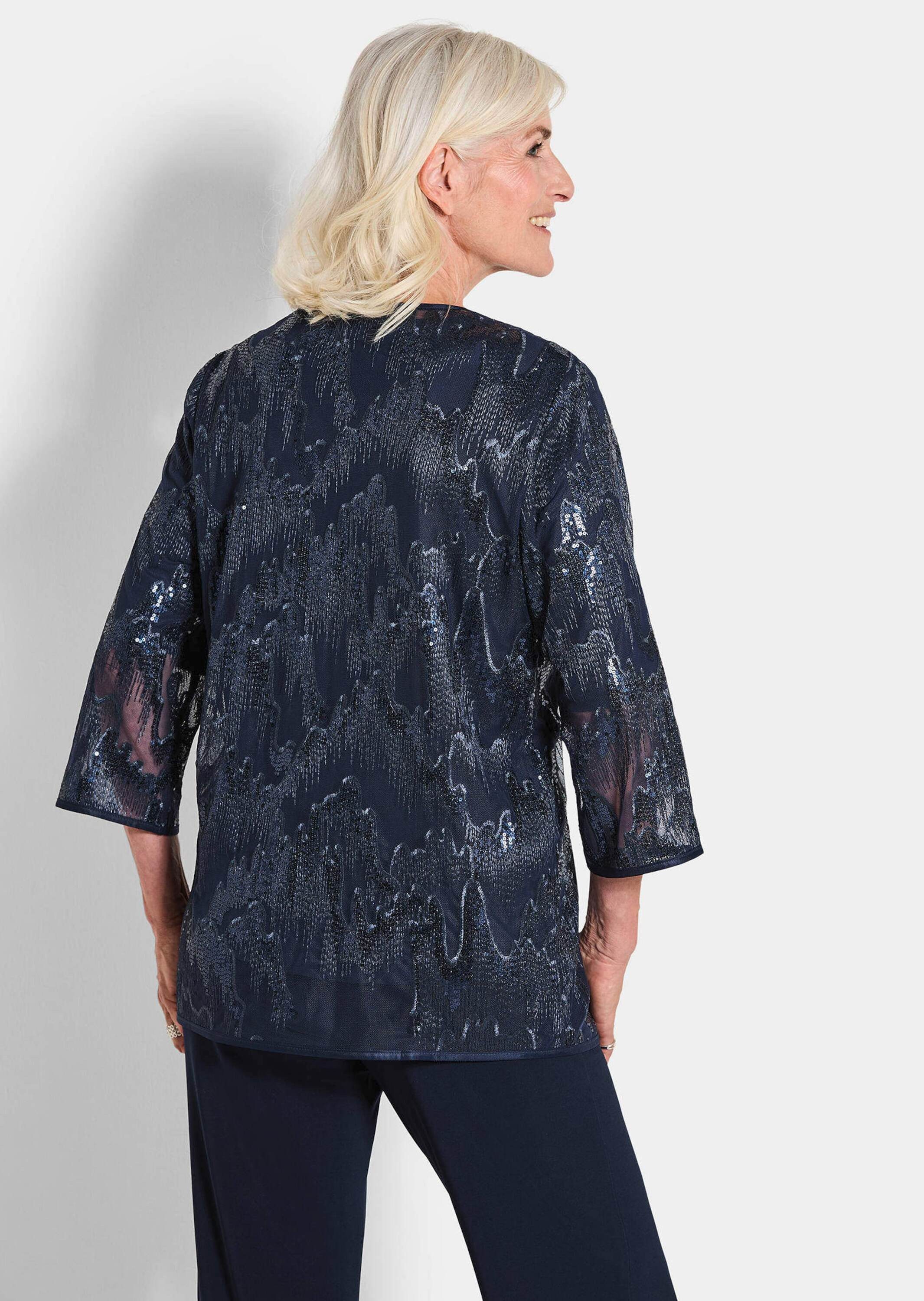 GOLDNER Klassische Bluse Elegante Pailletten-Jacke, V-Ausschnitt Blusenjacke mit raffinierter Stickerei, Häkchenverschluss und Langarm