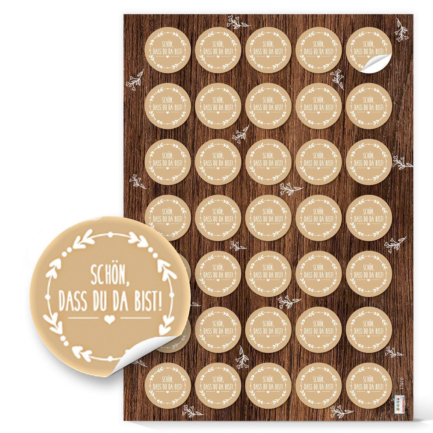 Logbuch-Verlag Aufkleber 140 runde Aufkleber SCHÖN DASS DU DA BIST beige natur weiß Ø 3,2 cm