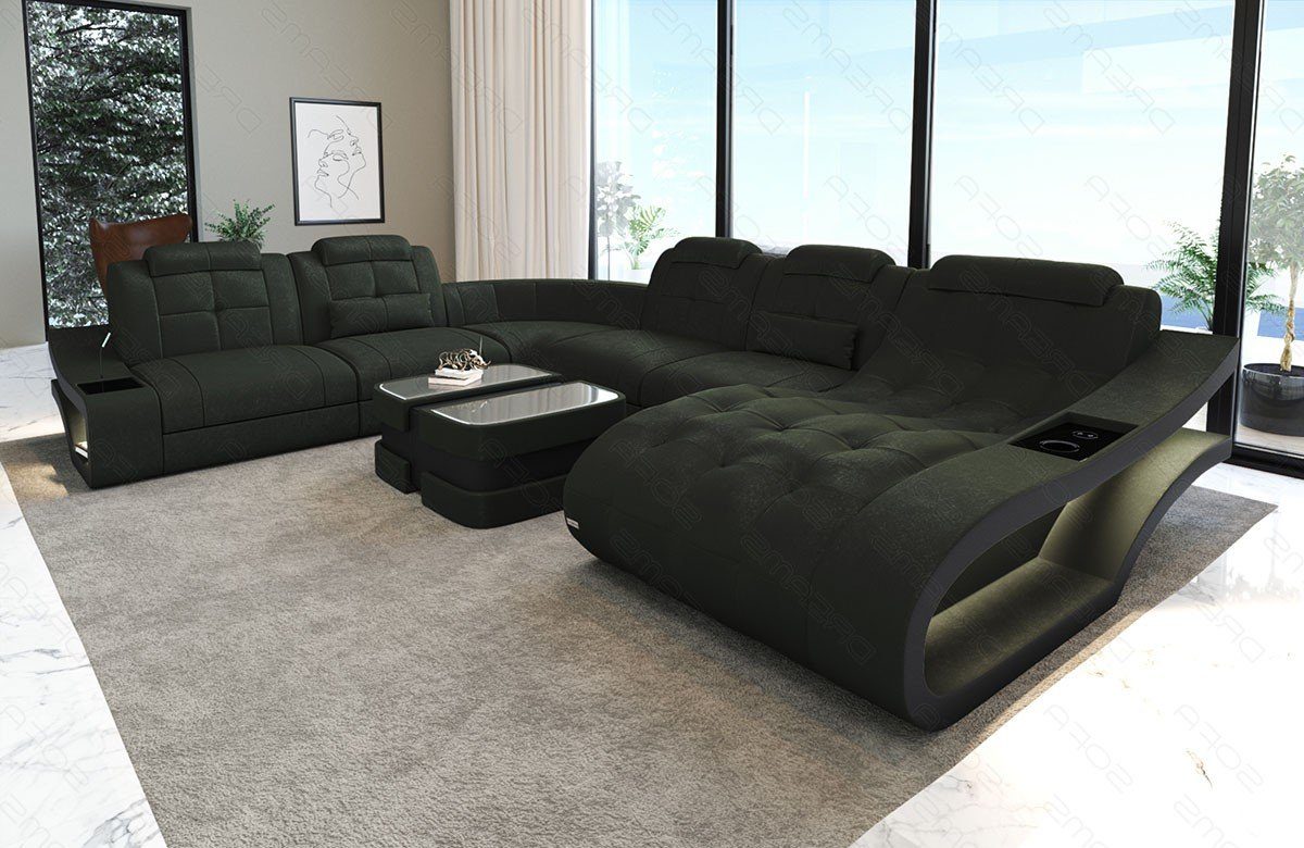 Sofa Dreams Wohnlandschaft Polster A Couch Elegante XXL Stoffsofa, Form darkgreen-schwarz wahlweise Stoff Bettfunktion Sofa mit