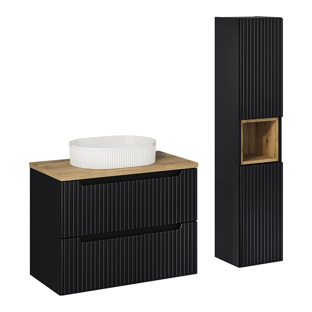 Lomadox Badmöbel-Set NEWPORT-56-BLACK, (Spar-Set, 2-St., Waschtisch Hochschrank), Badezimmermöbel in schwarz mit Eiche, gerillte Front, Keramikbecken