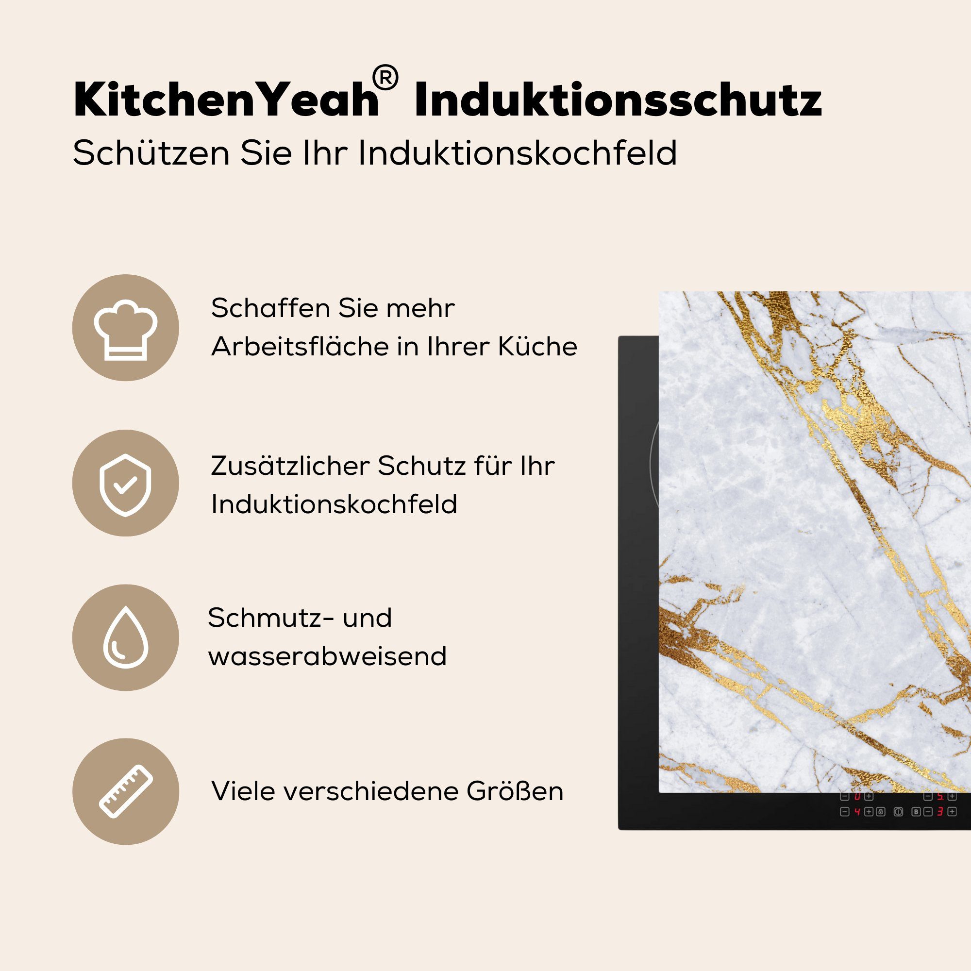 - Gold, küche tlg), Vinyl, Muster cm, - Herdblende-/Abdeckplatte Marmor MuchoWow 78x78 Ceranfeldabdeckung, Arbeitsplatte für (1