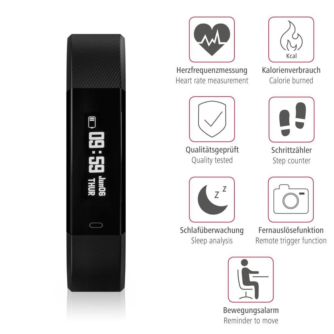 Hama Fitness Tracker, Uhr/Pulsuhr/Schrittzähler/App Schritte, (0,86 Finger 1900 Uhr Fit Funktionen: Track Touch, Zoll), Kalorien, Smartwatch Entfernung, Puls