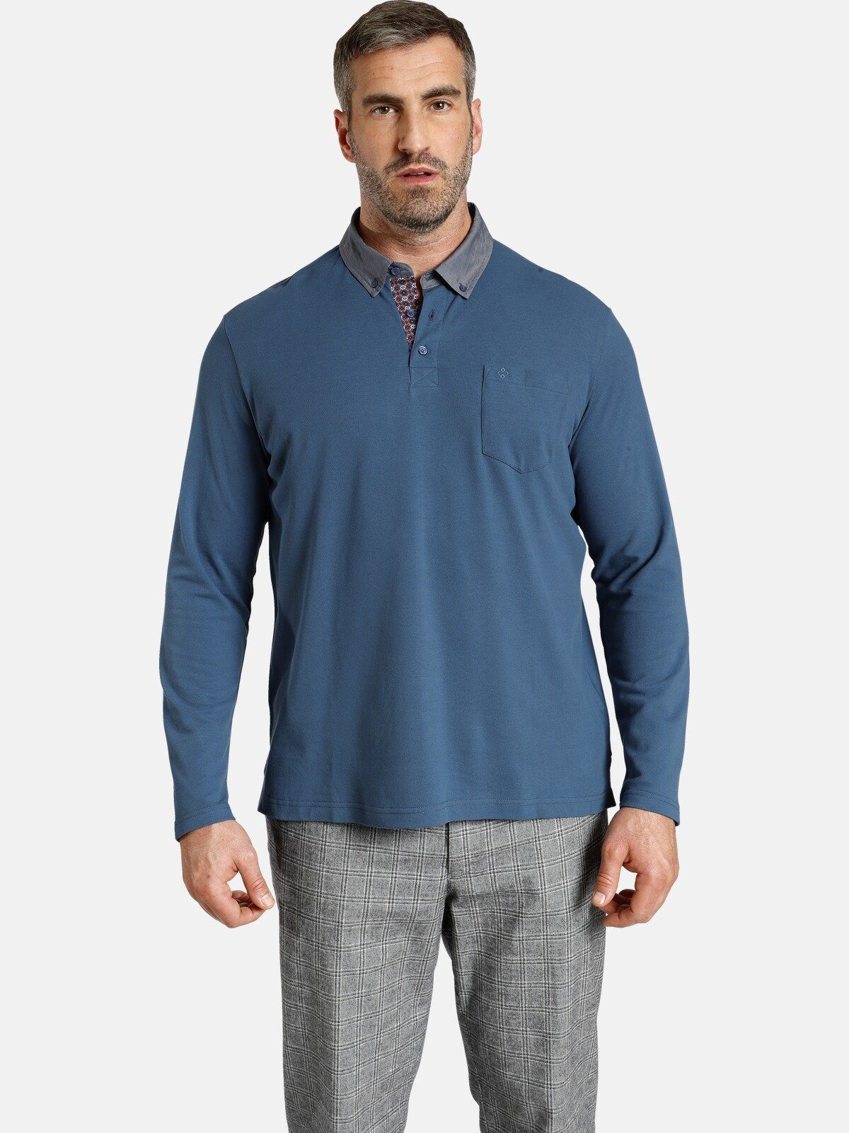 Charles Colby Langarm-Poloshirt DUKE blau mit Kragen aufgesetztem BRENNAN