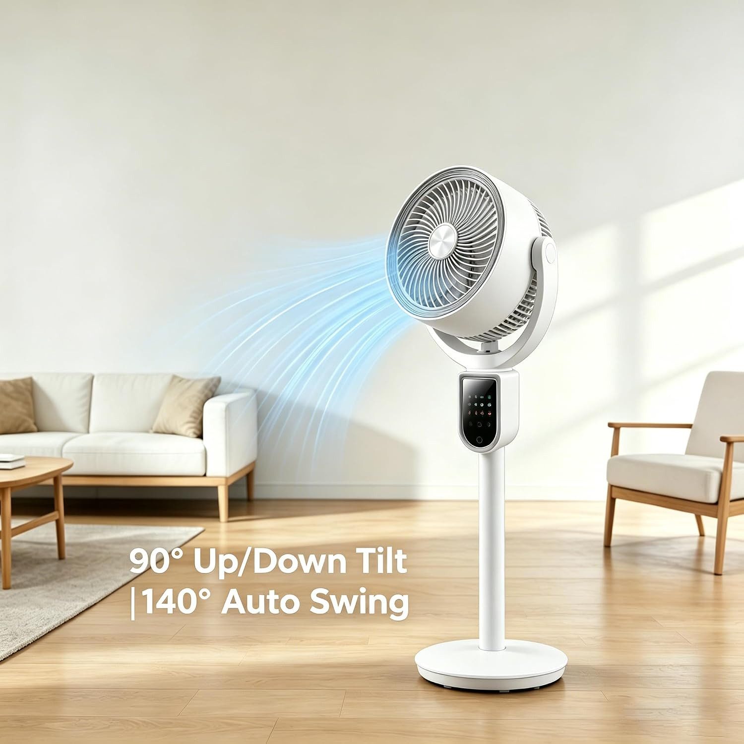 MOPUEA Standventilator Turmventilator LED Display 4 Windstufen Mini Ventilator 3D-Oszillation, Timer und Fernbedienung USB Tischventilator Leiser Umluftventilator