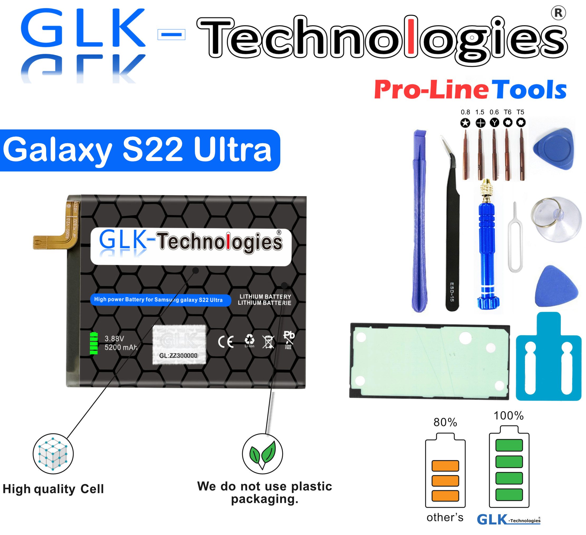 GLK-Technologies Samsung Galaxy S22 Ultra (S908B) Handy-Akku 5200 mAh, Inklusive Profi Werkzeug Set