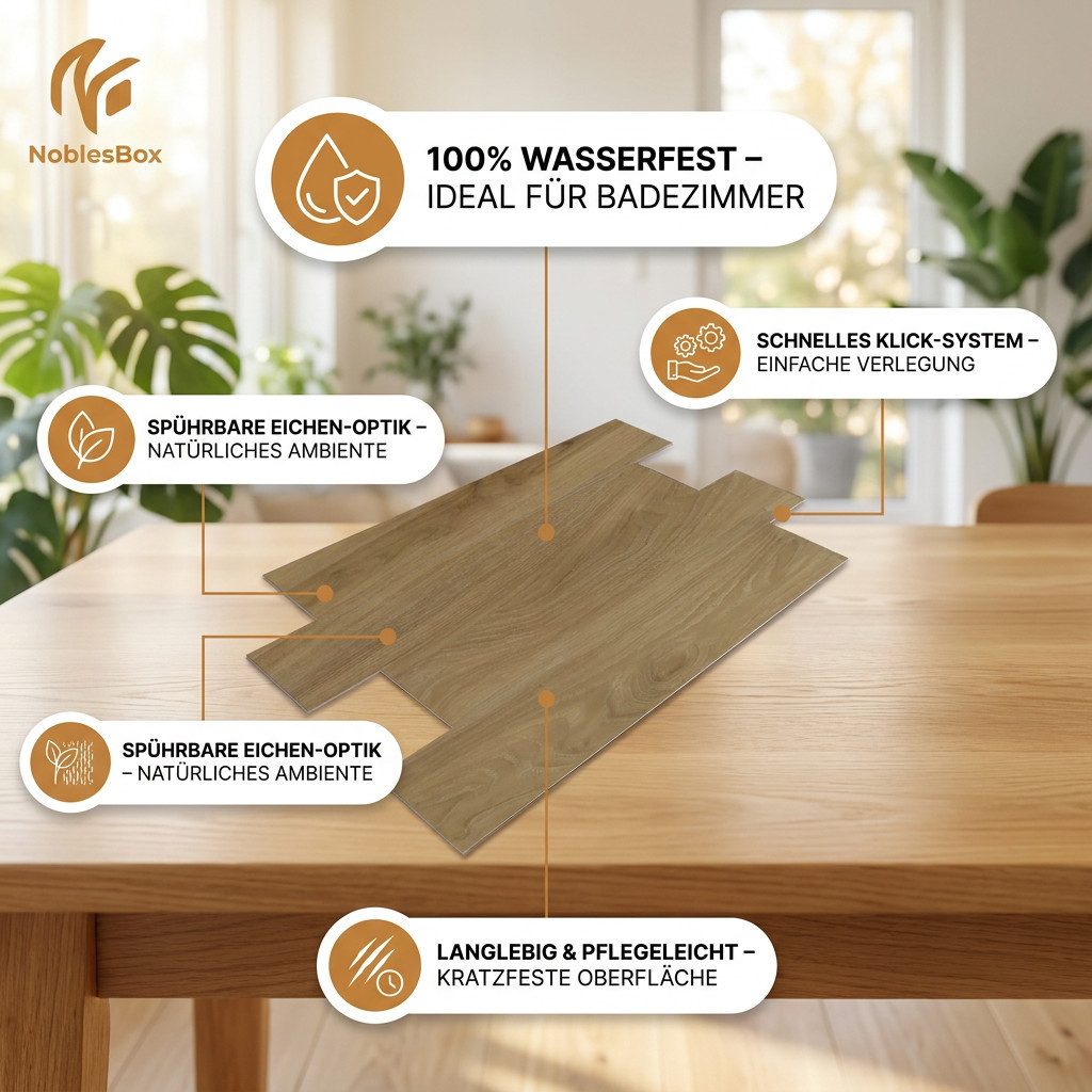 NoblesBox Designboden Klick Vinylboden SPC - Hartvinyl - 4+1mm Wasserfest - 1 mm Isolierung, Für Fußbodenheizung, Hochabriebfest & Klicksystem – Bild 2 von 5