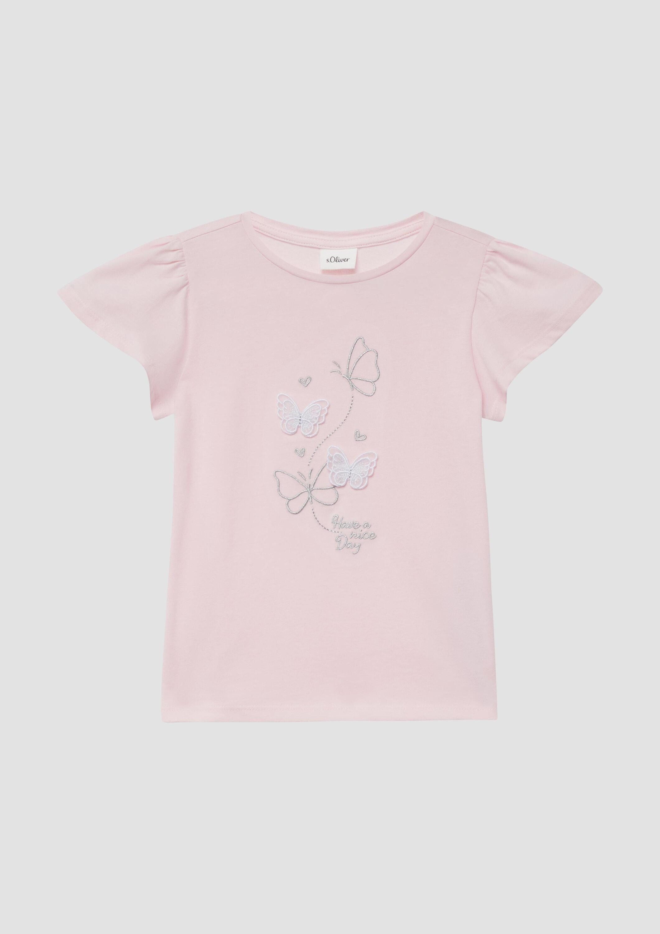 s.Oliver Kurzarmshirt T-Shirt T-Shirt mit Volantärmeln und Applikation