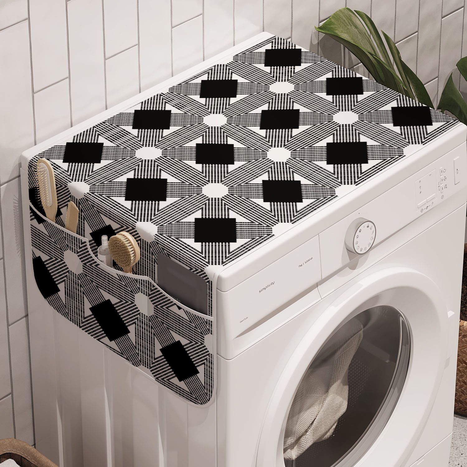 Abakuhaus Badorganizer Anti-Rutsch-Stoffabdeckung für Waschmaschine und Trockner, Schwarz und Weiß Art-Déco-Mosaik
